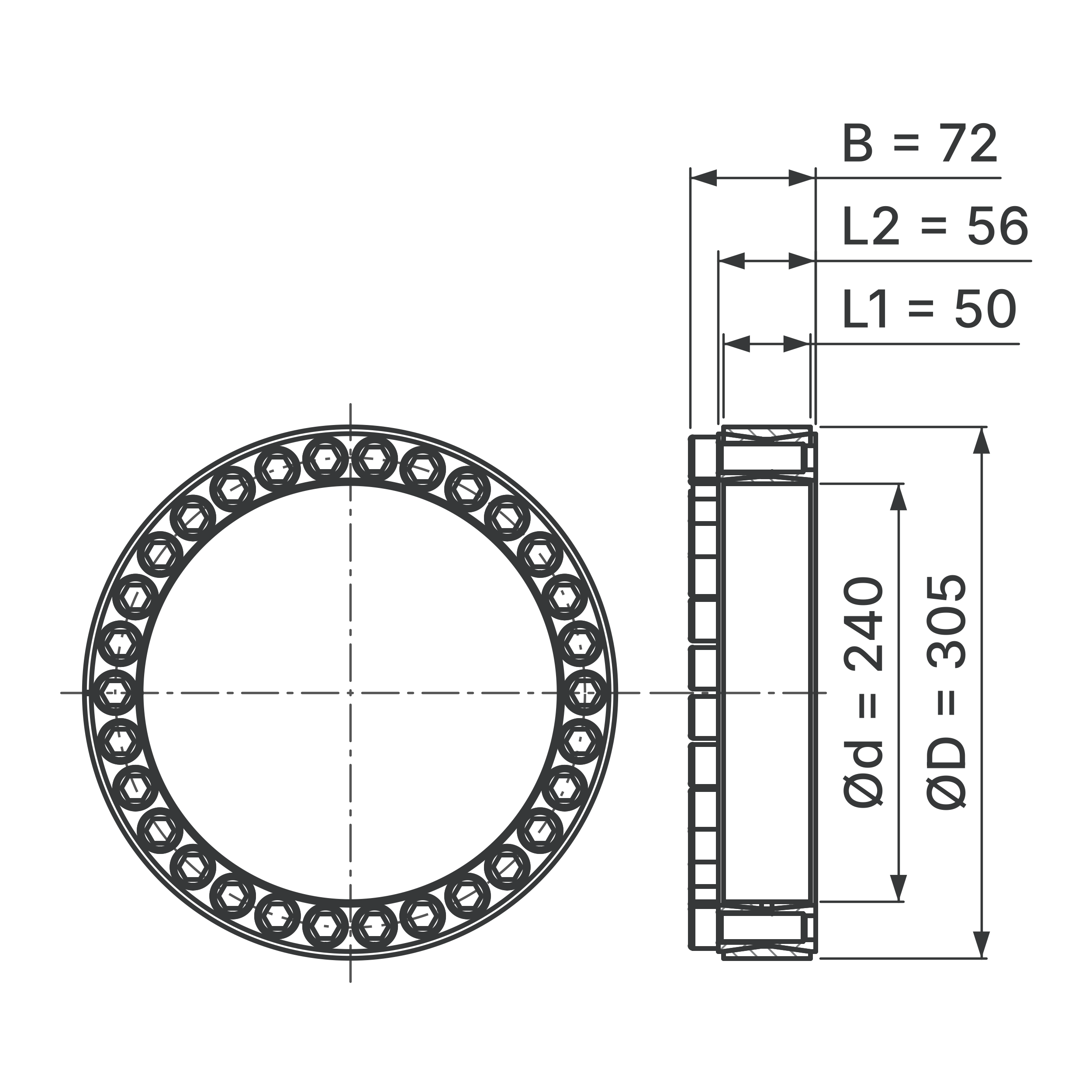 Maßskizze Spannsatz STW60-240x305: Wellen-Ø d, Außen-Ø D, L1, L2, B in mm, schematisch