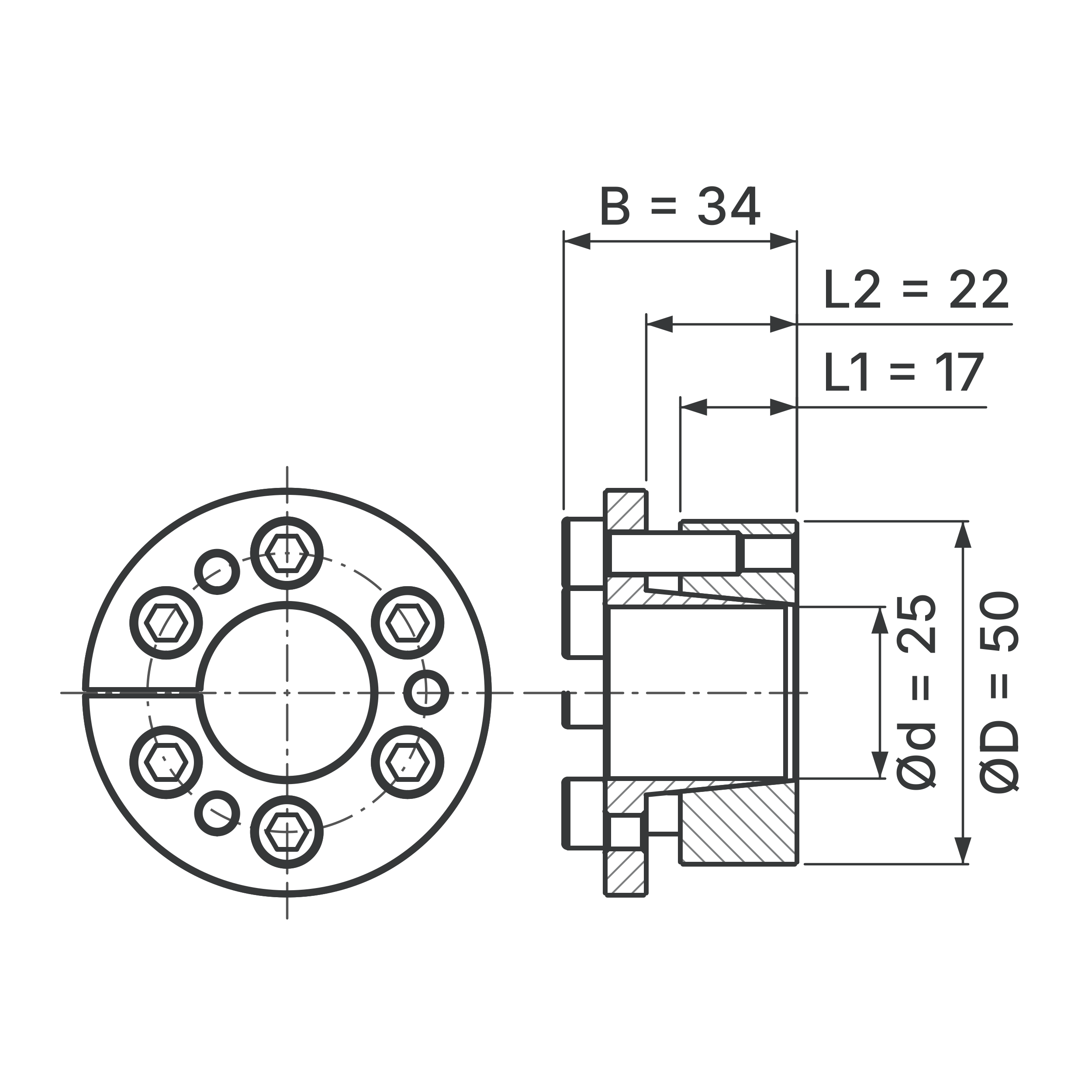 Maßskizze Spannsatz STW77-25x50: Wellen-Ø d, Außen-Ø D, L1, L2, B in mm, schematisch