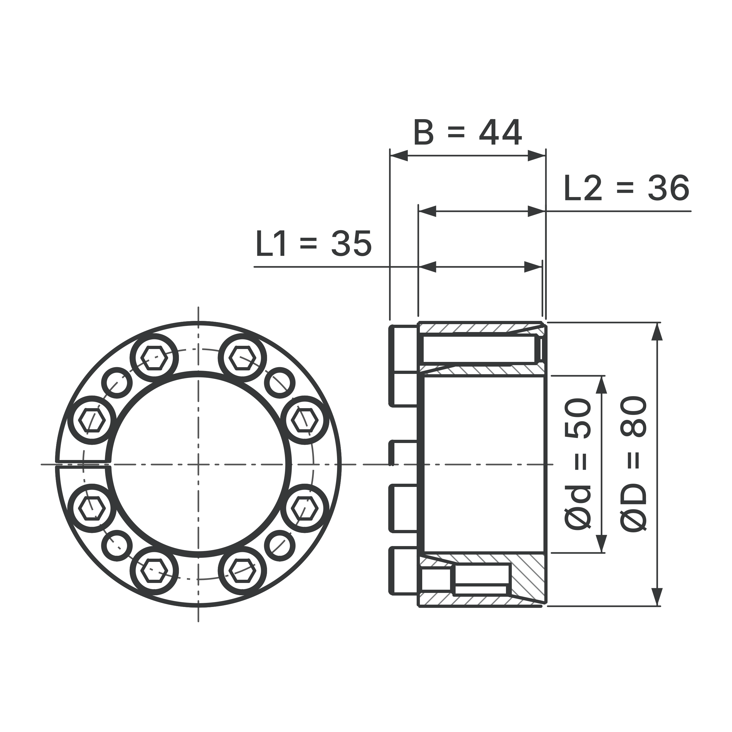 Maßskizze Spannsatz STW71-50x80: Wellen-Ø d, Außen-Ø D, L1, L2, B in mm, schematisch