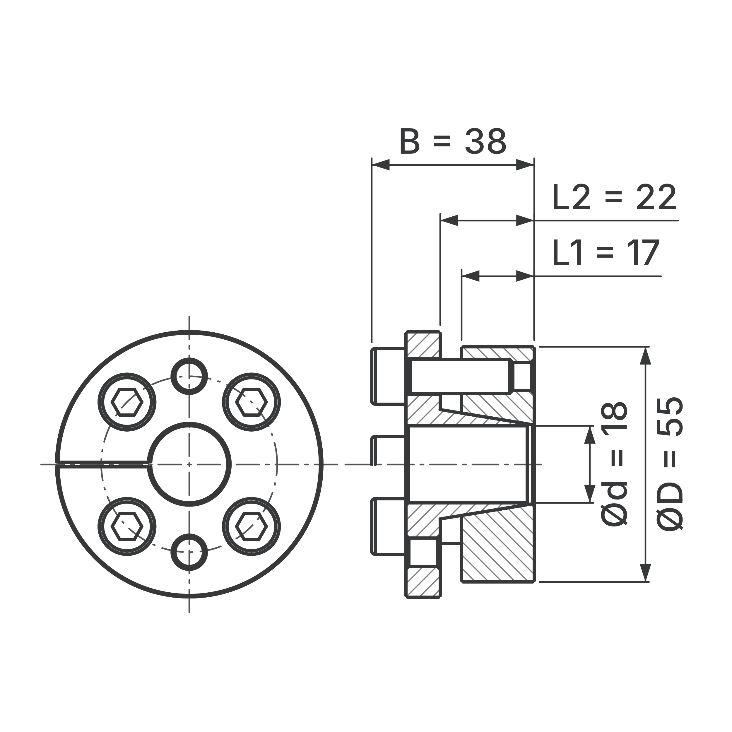 Maßskizze Spannsatz STW31-18x55: Wellen-Ø d, Außen-Ø D, L1, L2, B in mm, schematisch