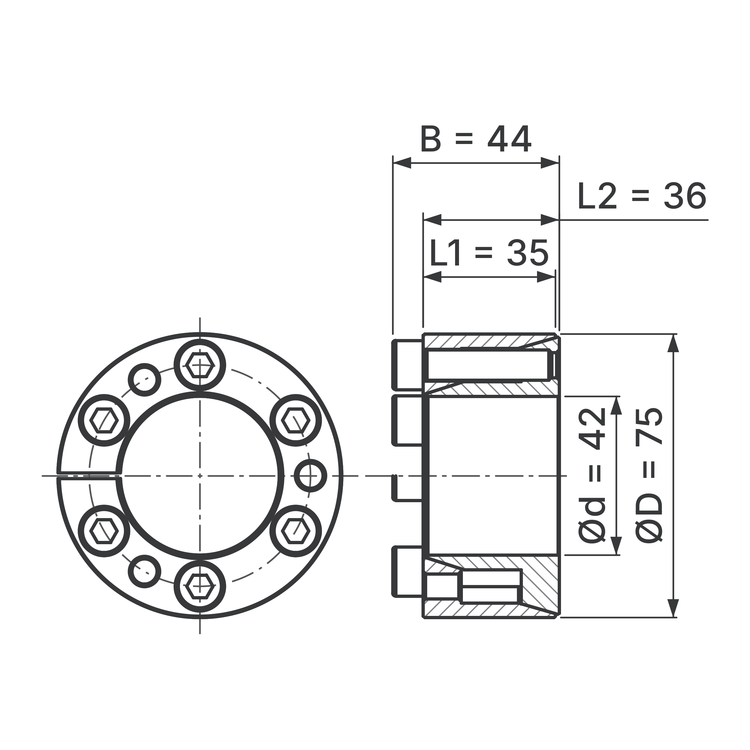 Maßskizze Spannsatz STW71-42x75: Wellen-Ø d, Außen-Ø D, L1, L2, B in mm, schematisch