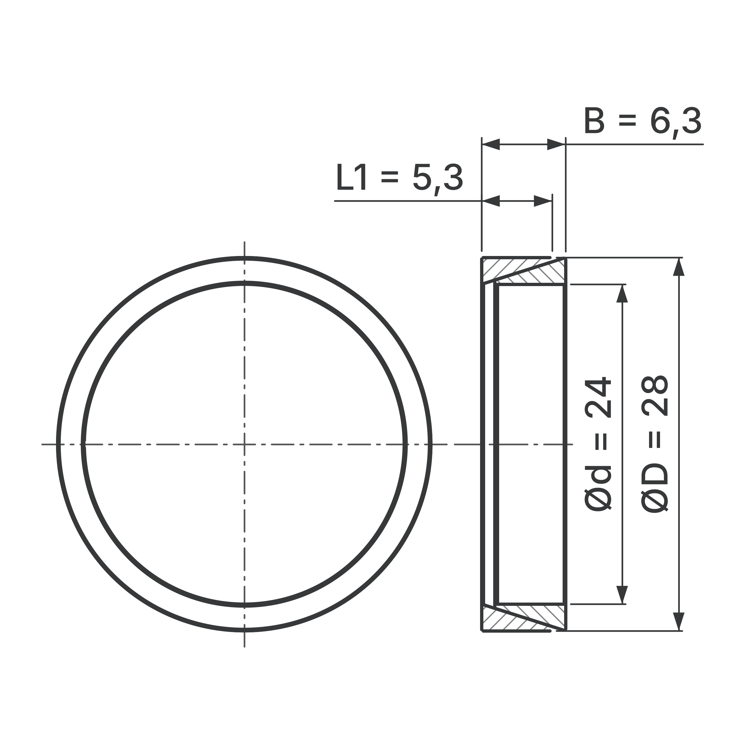 Maßskizze Konus-Spannelement STW56-24x28: Wellen-Ø d, Außen-Ø D, L1, B in mm, schematisch