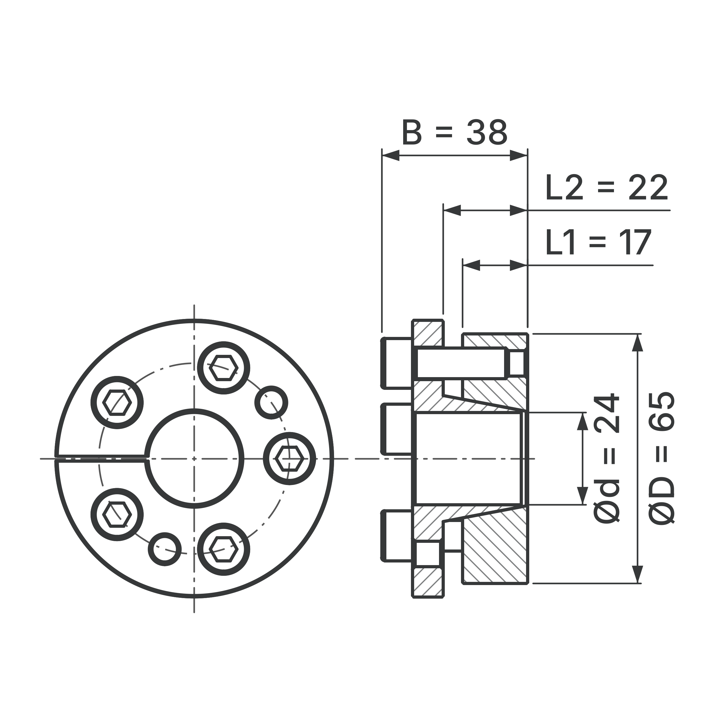 Maßskizze Spannsatz STW31-24x65: Wellen-Ø d, Außen-Ø D, L1, L2, B in mm, schematisch
