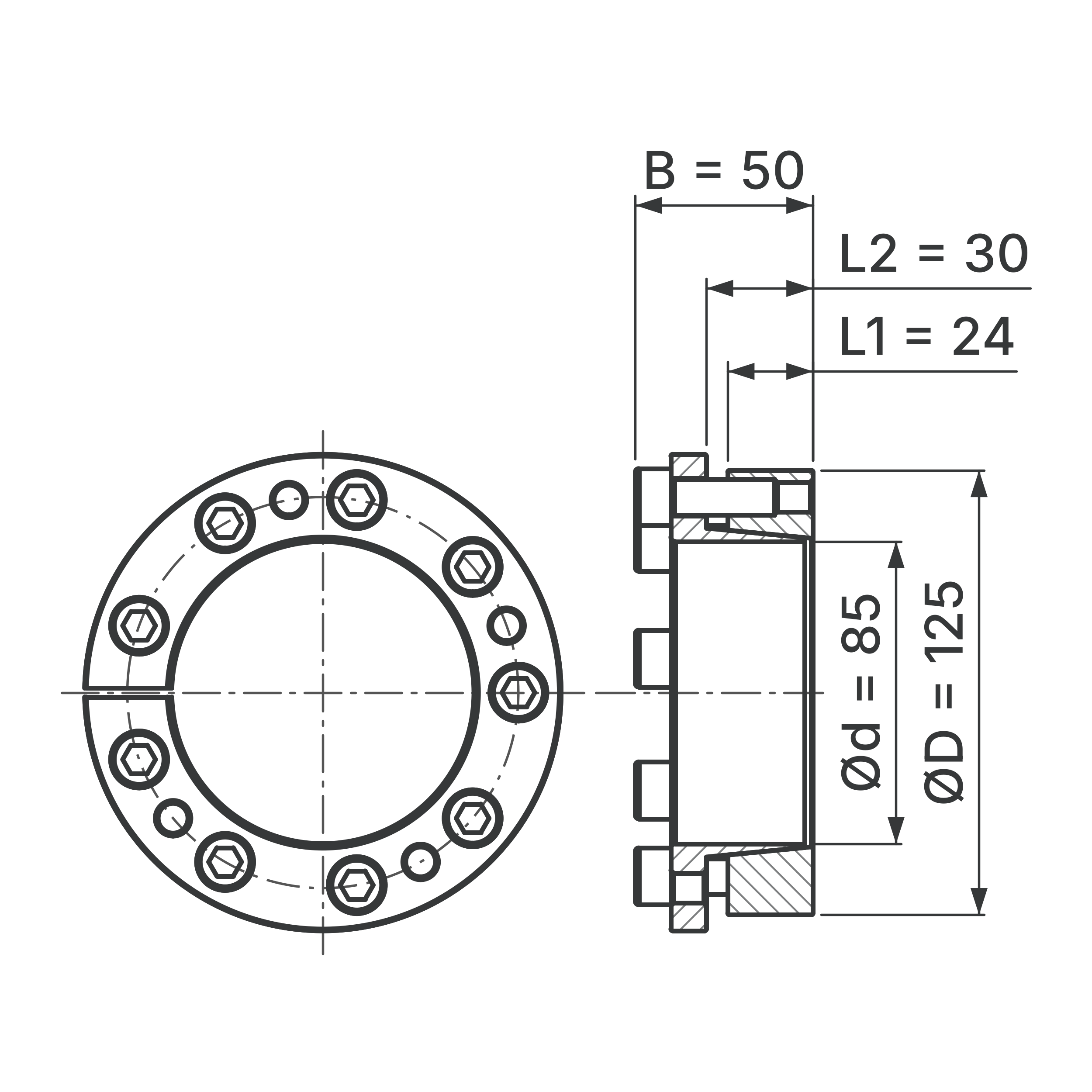 Maßskizze Spannsatz STW77-85x125: Wellen-Ø d, Außen-Ø D, L1, L2, B in mm, schematisch