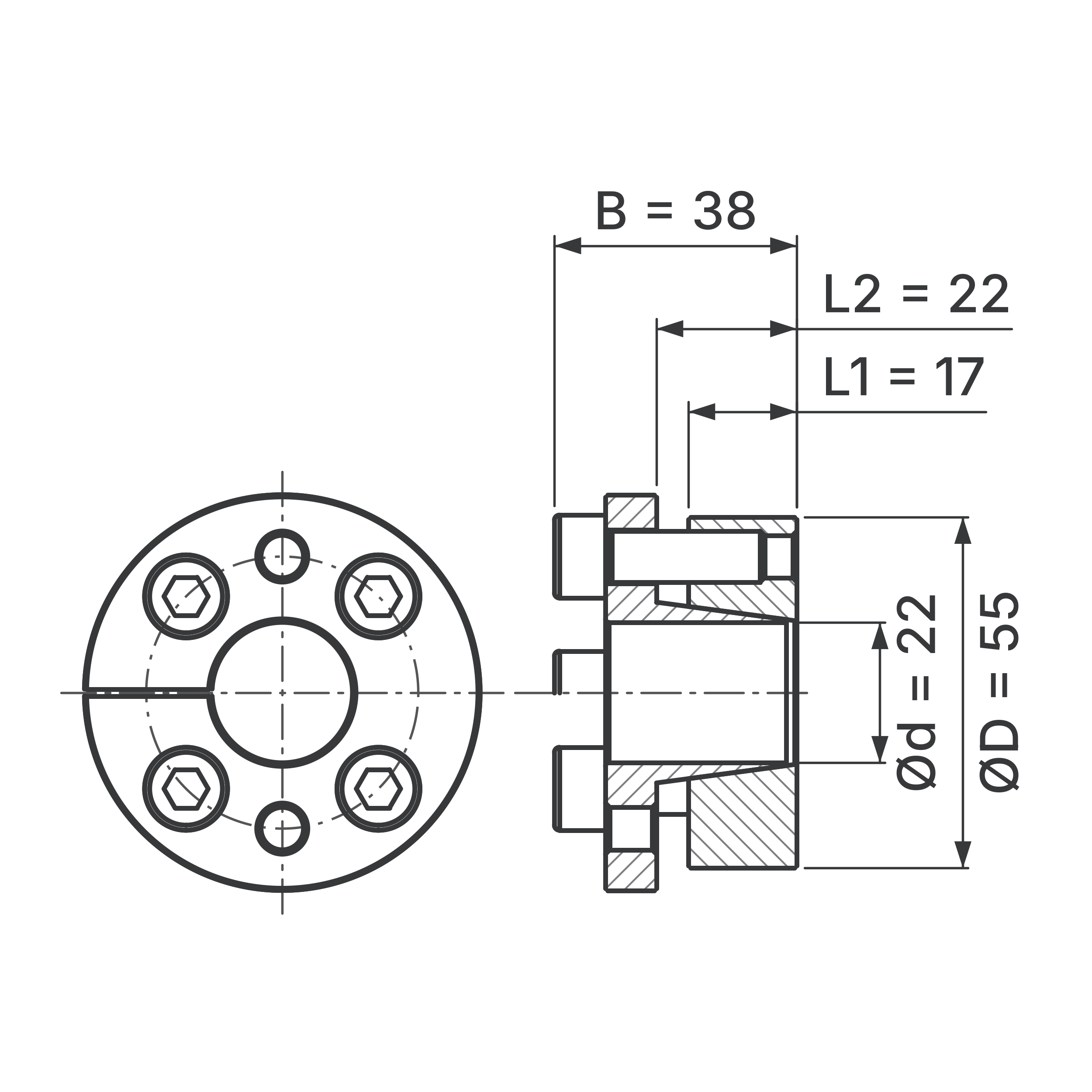 Maßskizze Spannsatz STW31-22x55: Wellen-Ø d, Außen-Ø D, L1, L2, B in mm, schematisch