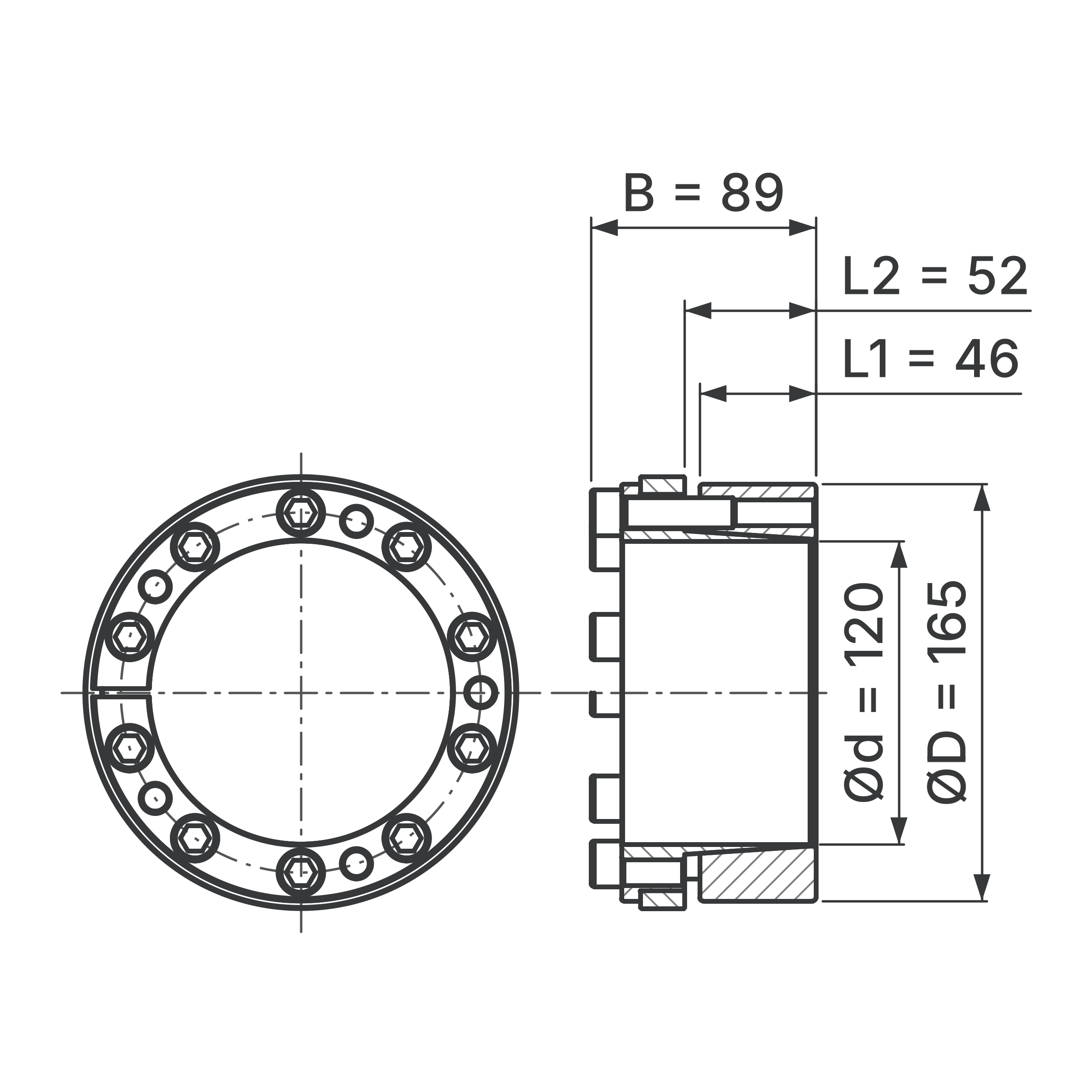Maßskizze Spannsatz STW73-120x165: Wellen-Ø d, Außen-Ø D, L1, L2, B in mm, schematisch