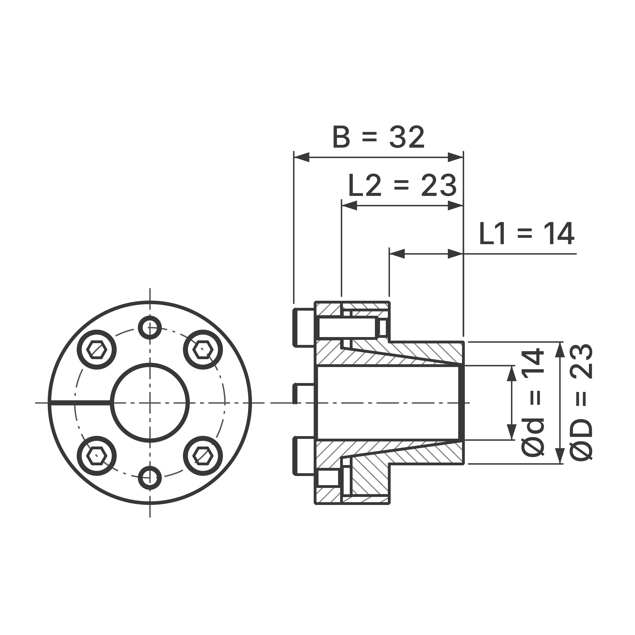 Maßskizze Spannsatz STW27SS-14x23 Edelstahl: Wellen-Ø d, Außen-Ø D, L1, L2, B in mm, schematisch