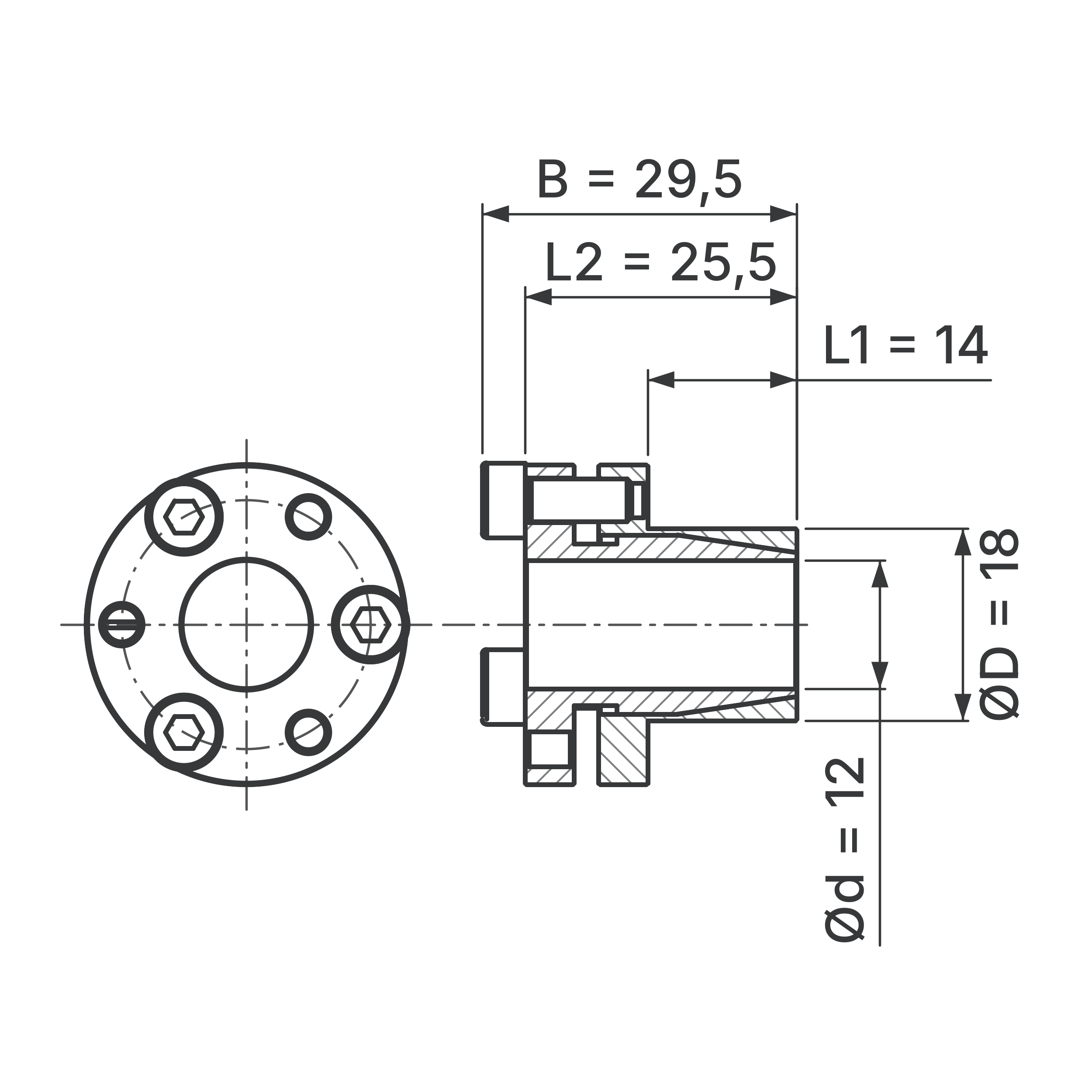 Maßskizze Spannsatz STW69SS-12x18 Edelstahl: Wellen-Ø d, Außen-Ø D, L1, L2, B in mm, schematisch