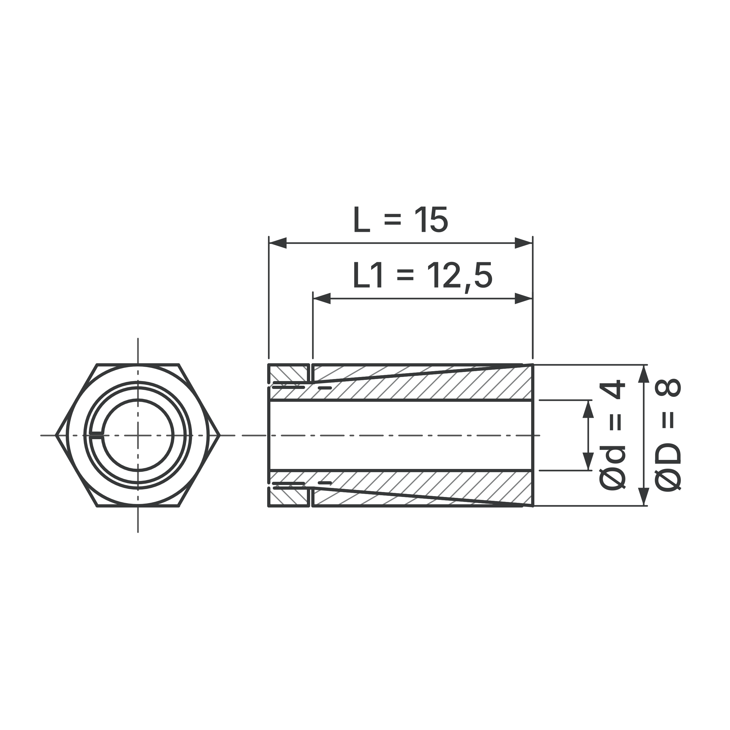 Maßskizze Spannsatz STW64SS-4x8 Edelstahl: Wellen-Ø d, Außen-Ø D, L1, L in mm, schematisch