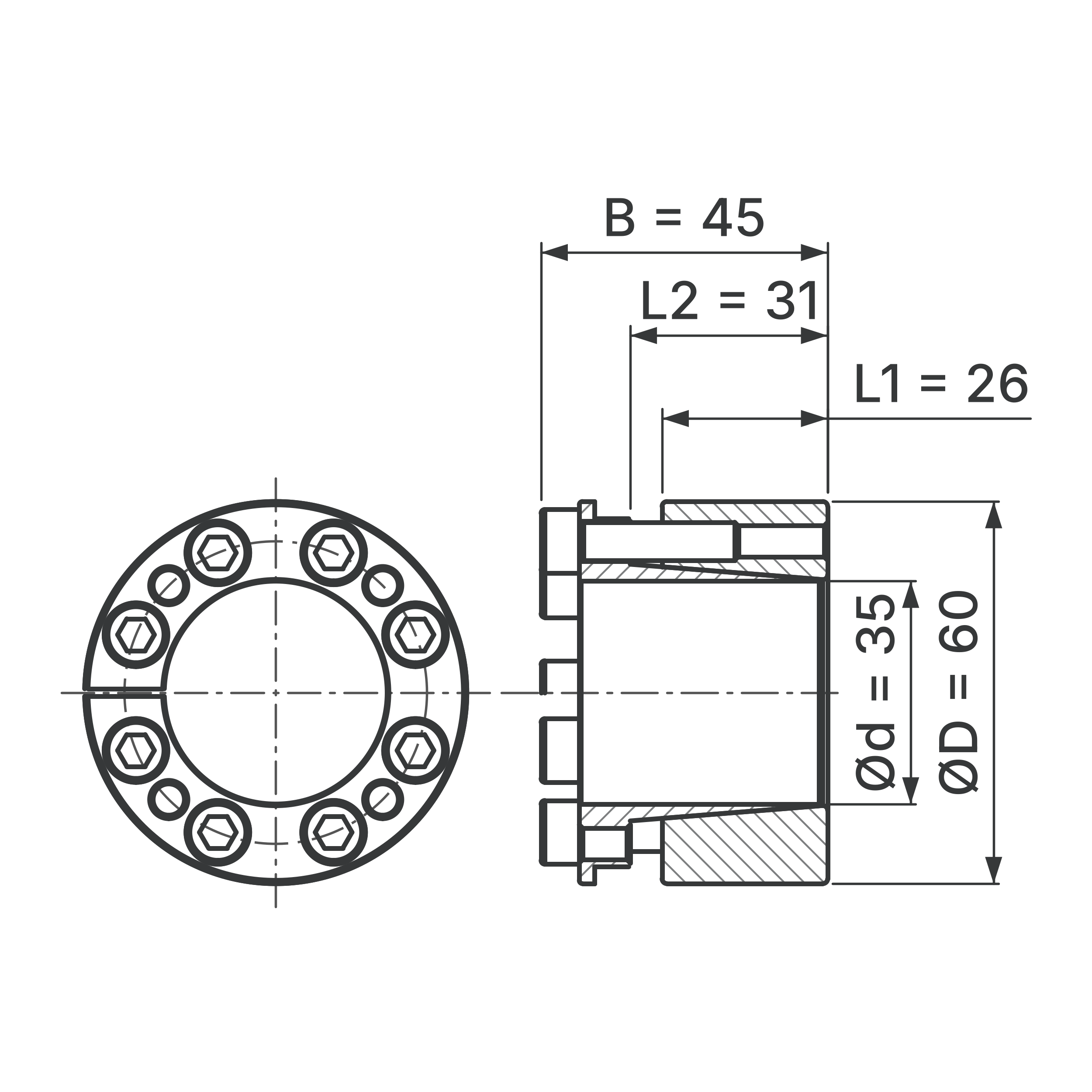 Maßskizze Spannsatz STW26-35x60: Wellen-Ø d, Außen-Ø D, L1, L2, B in mm, schematisch