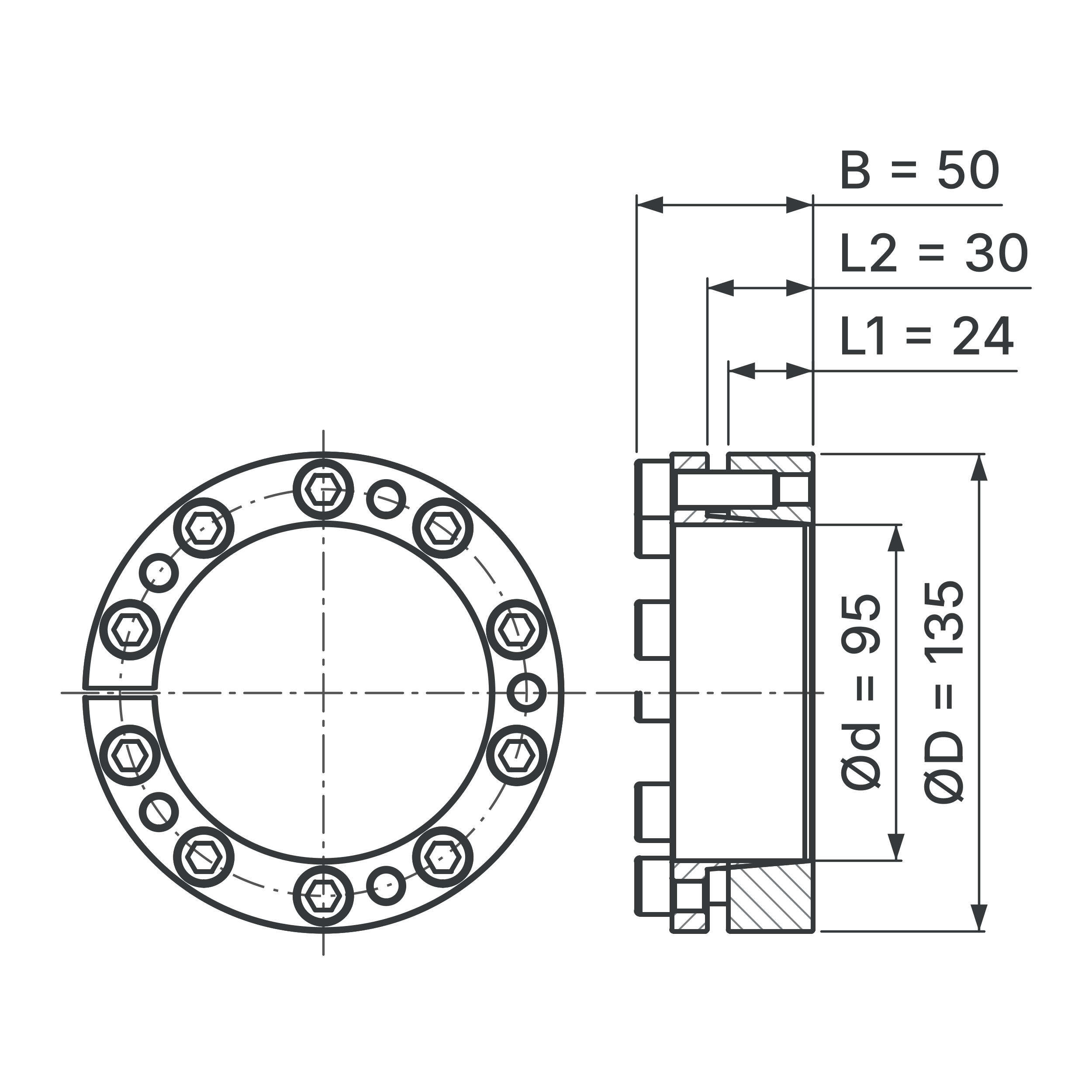 Maßskizze Spannsatz STW98-95x135: Wellen-Ø d, Außen-Ø D, L1, L2, B in mm, schematisch