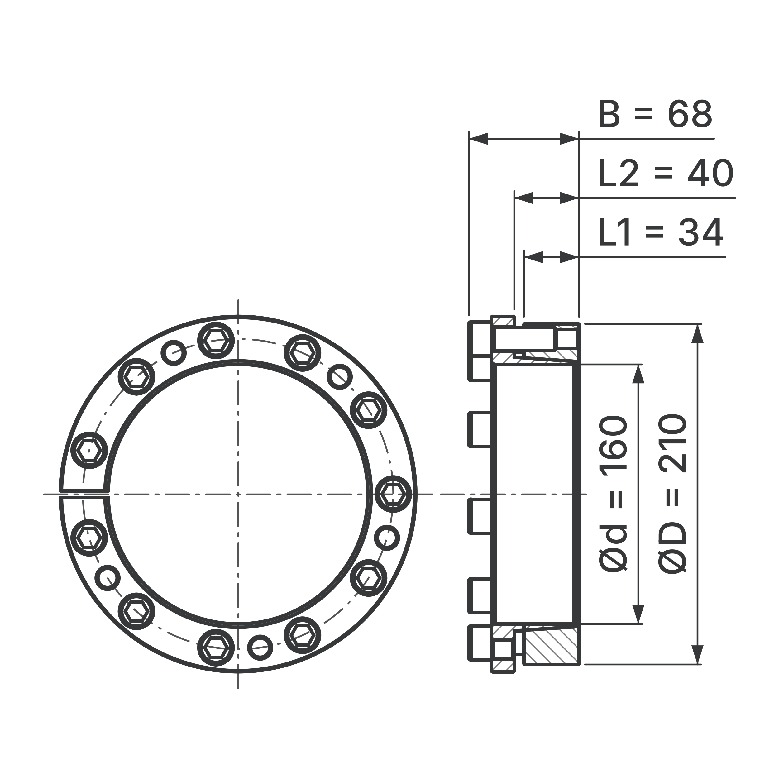 Maßskizze Spannsatz STW77-160x210: Wellen-Ø d, Außen-Ø D, L1, L2, B in mm, schematisch