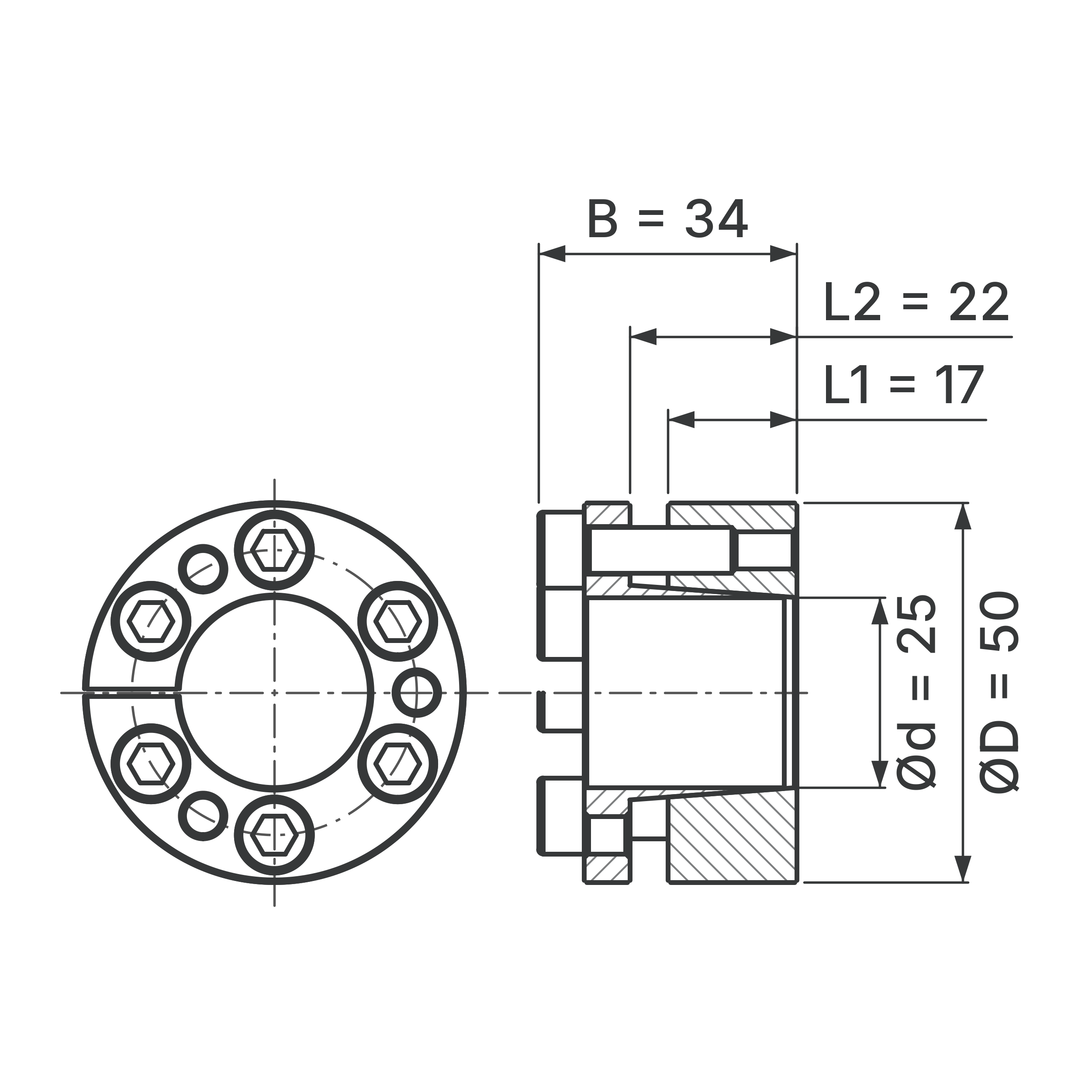 Maßskizze Spannsatz STW98-25x50: Wellen-Ø d, Außen-Ø D, L1, L2, B in mm, schematisch