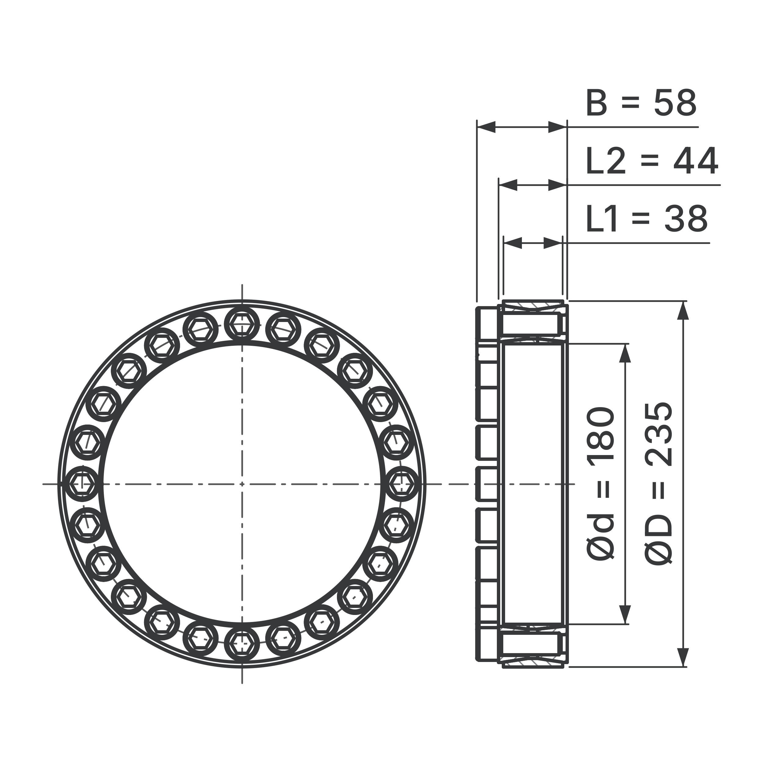 Maßskizze Spannsatz STW60-180x235: Wellen-Ø d, Außen-Ø D, L1, L2, B in mm, schematisch