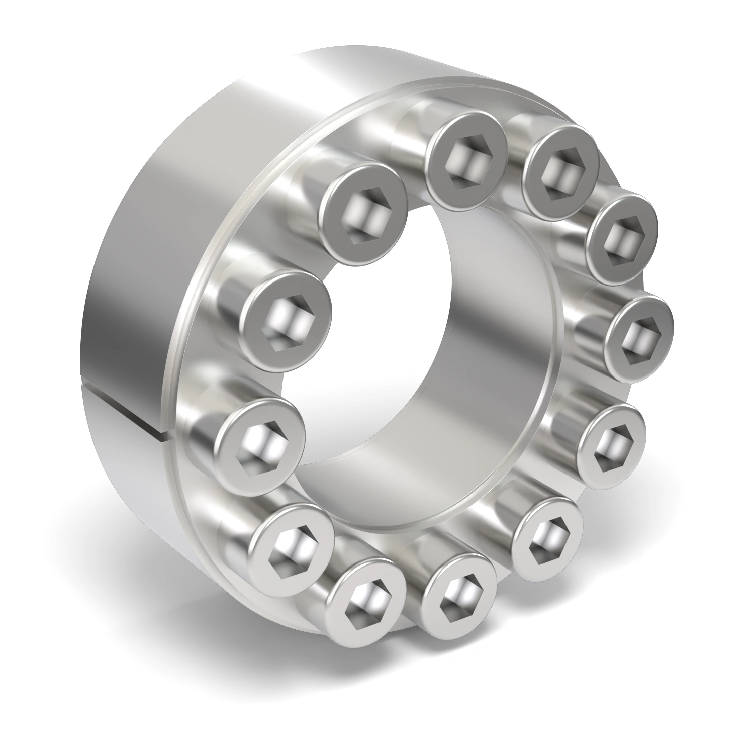 Spannsatz STW60SS-35x60 Edelstahl, Frontalansicht der Stirnseite mit 12 Spannschrauben