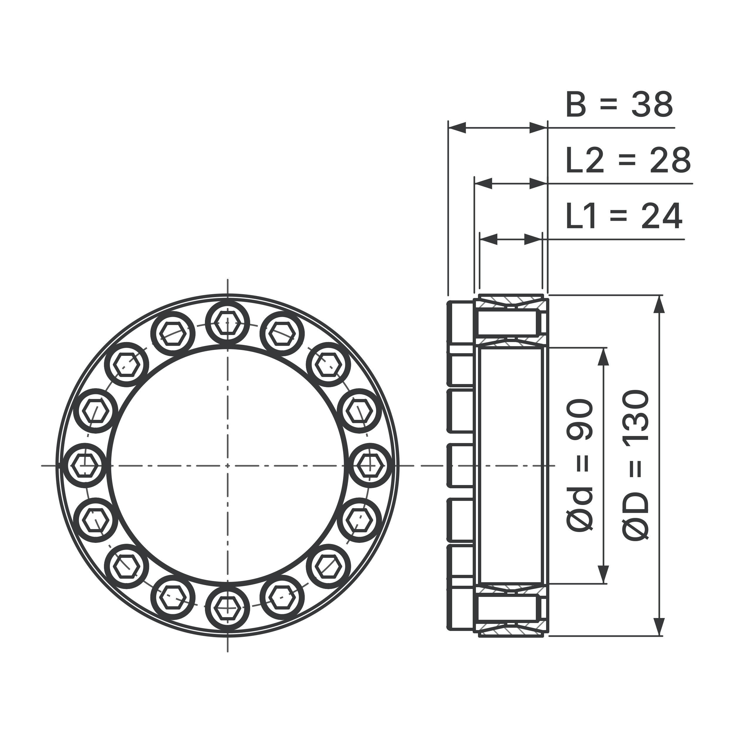 Maßskizze Spannsatz STW60-90x130: Wellen-Ø d, Außen-Ø D, L1, L2, B in mm, schematisch