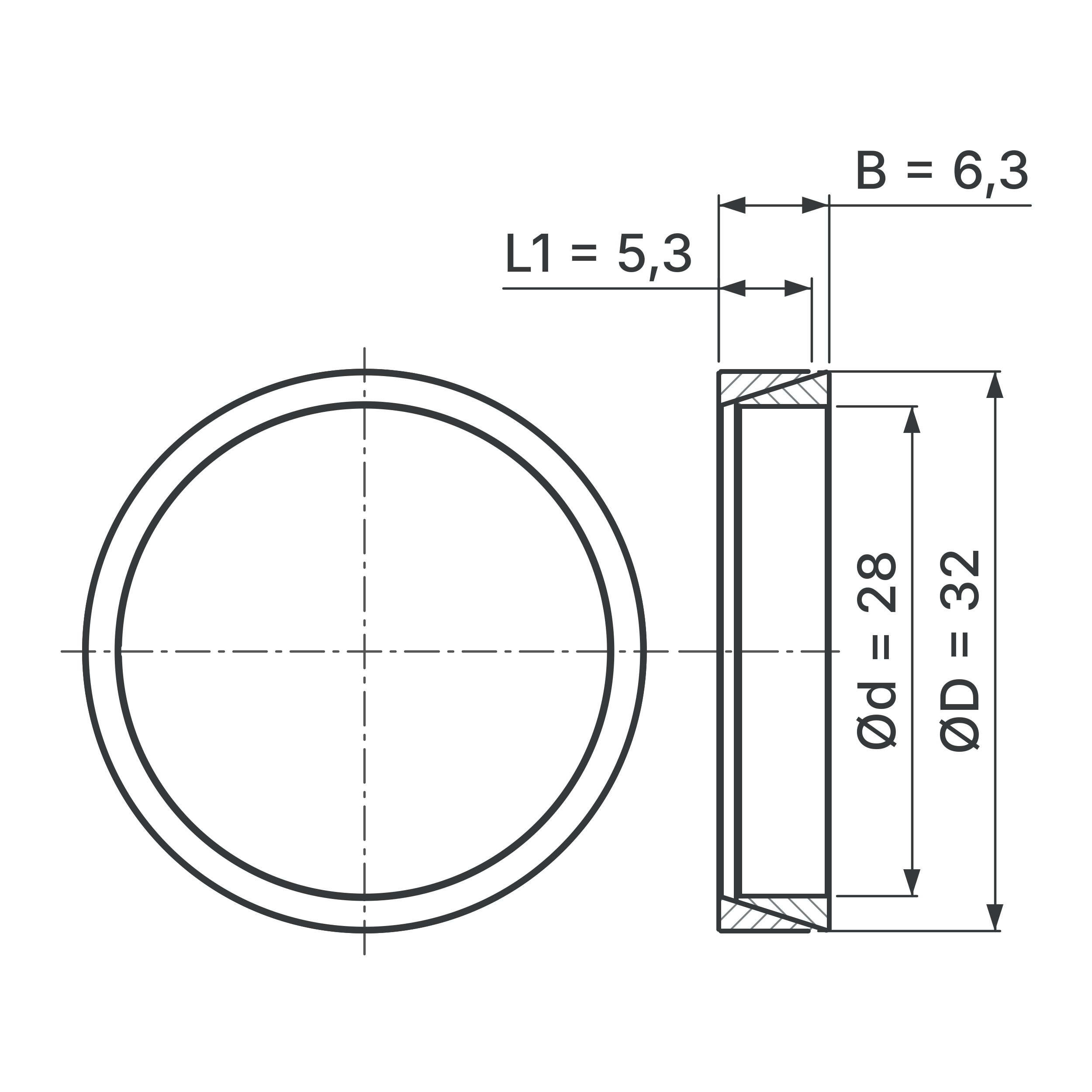 Maßskizze Konus-Spannelement STW56-28x32: Wellen-Ø d, Außen-Ø D, L1, B in mm, schematisch