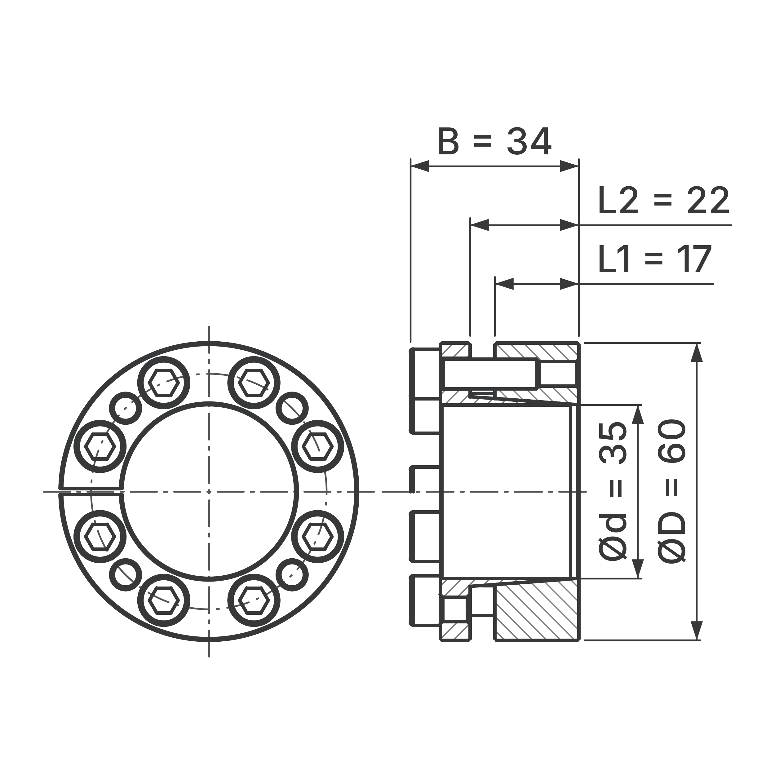 Maßskizze Spannsatz STW98-35x60: Wellen-Ø d, Außen-Ø D, L1, L2, B in mm, schematisch