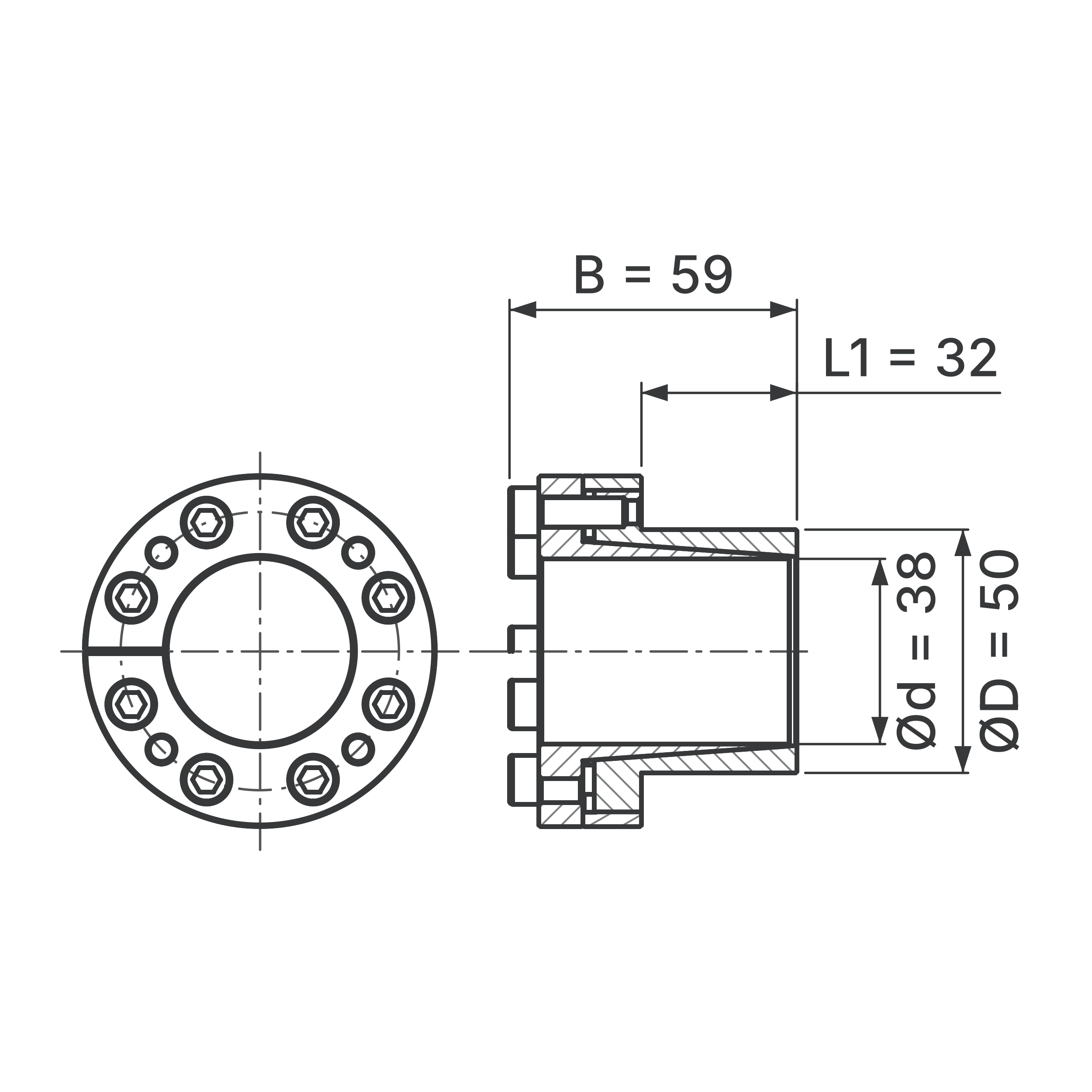 Maßskizze Spannsatz STW27SS-38x50 Edelstahl: Wellen-Ø d, Außen-Ø D, L1, B in mm, schematisch