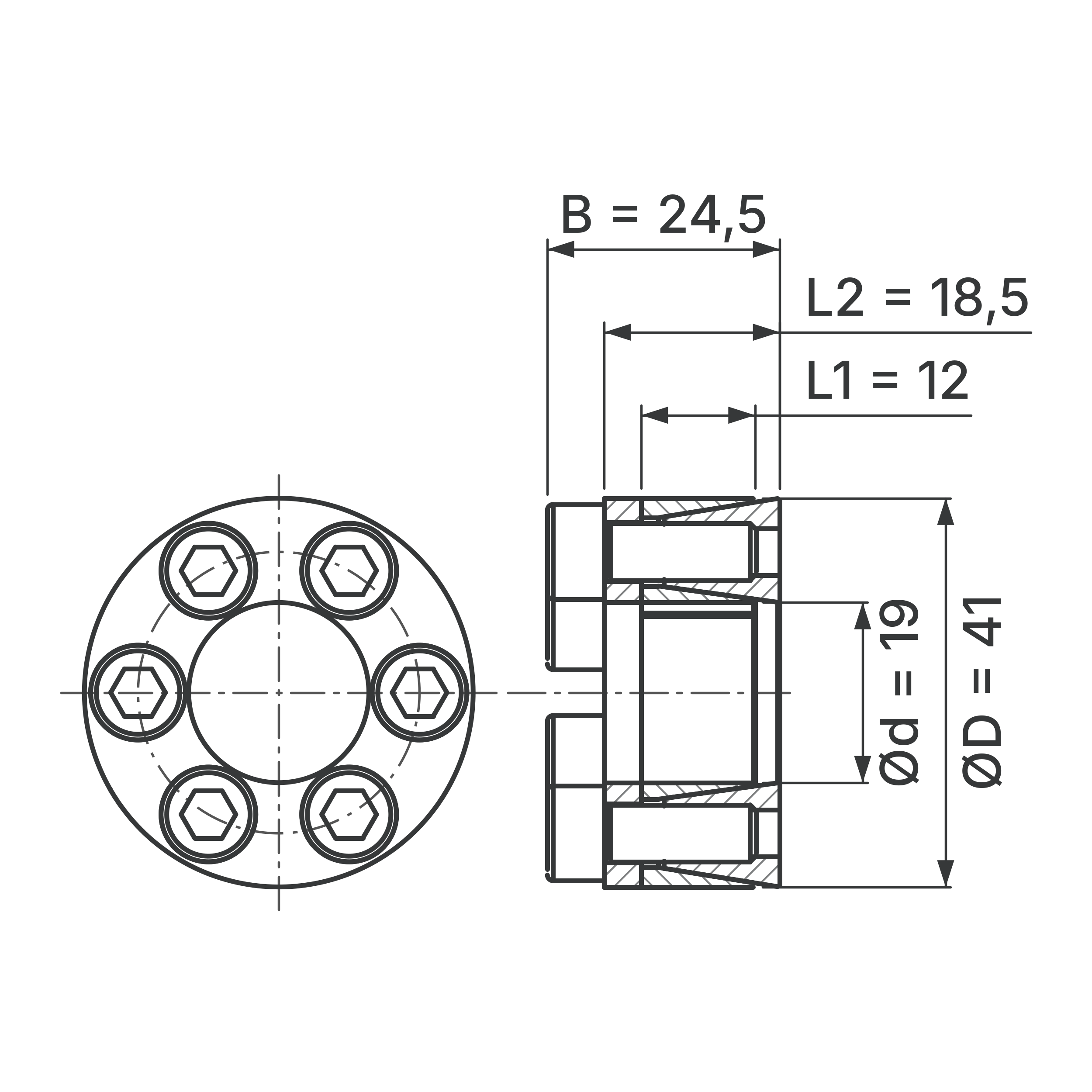 Maßskizze Spannsatz STW29-19x41: Wellen-Ø d, Außen-Ø D, L1, L2, B in mm, schematisch