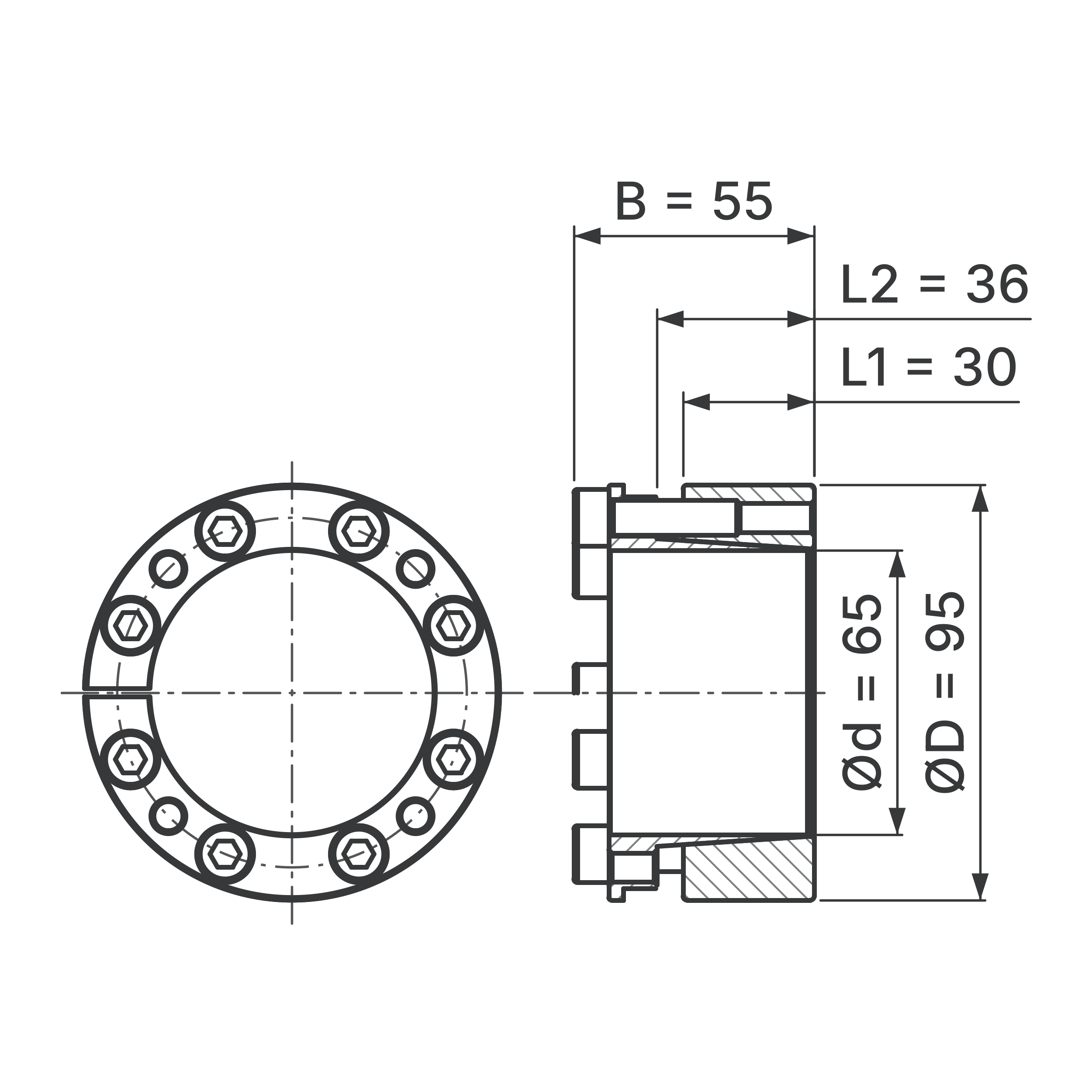 Maßskizze Spannsatz STW26-65x95: Wellen-Ø d, Außen-Ø D, L1, L2, B in mm, schematisch