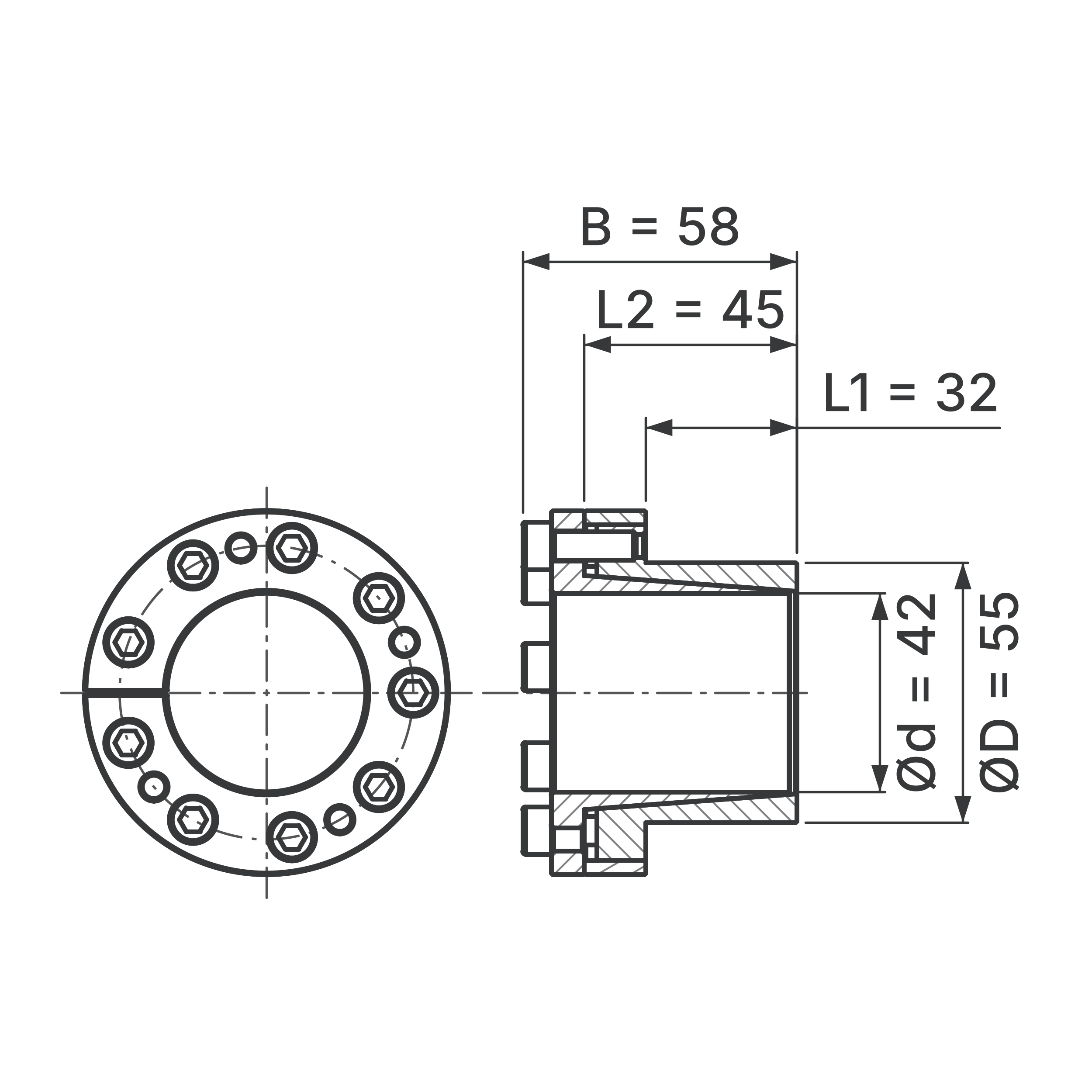Maßskizze Spannsatz STW27-42x55: Wellen-Ø d, Außen-Ø D, L1, L2, B in mm, schematisch