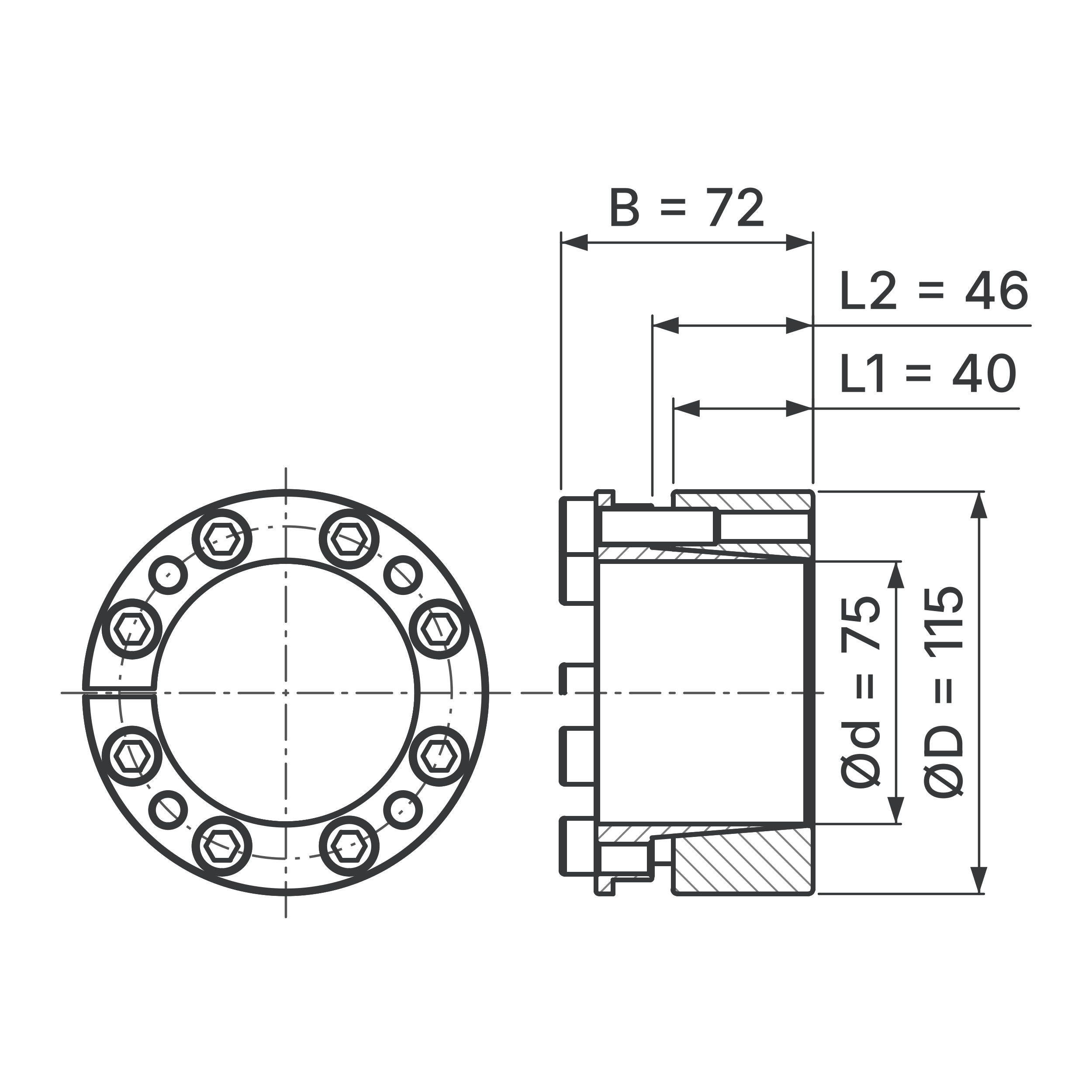 Maßskizze Spannsatz STW26-75x115: Wellen-Ø d, Außen-Ø D, L1, L2, B in mm, schematisch