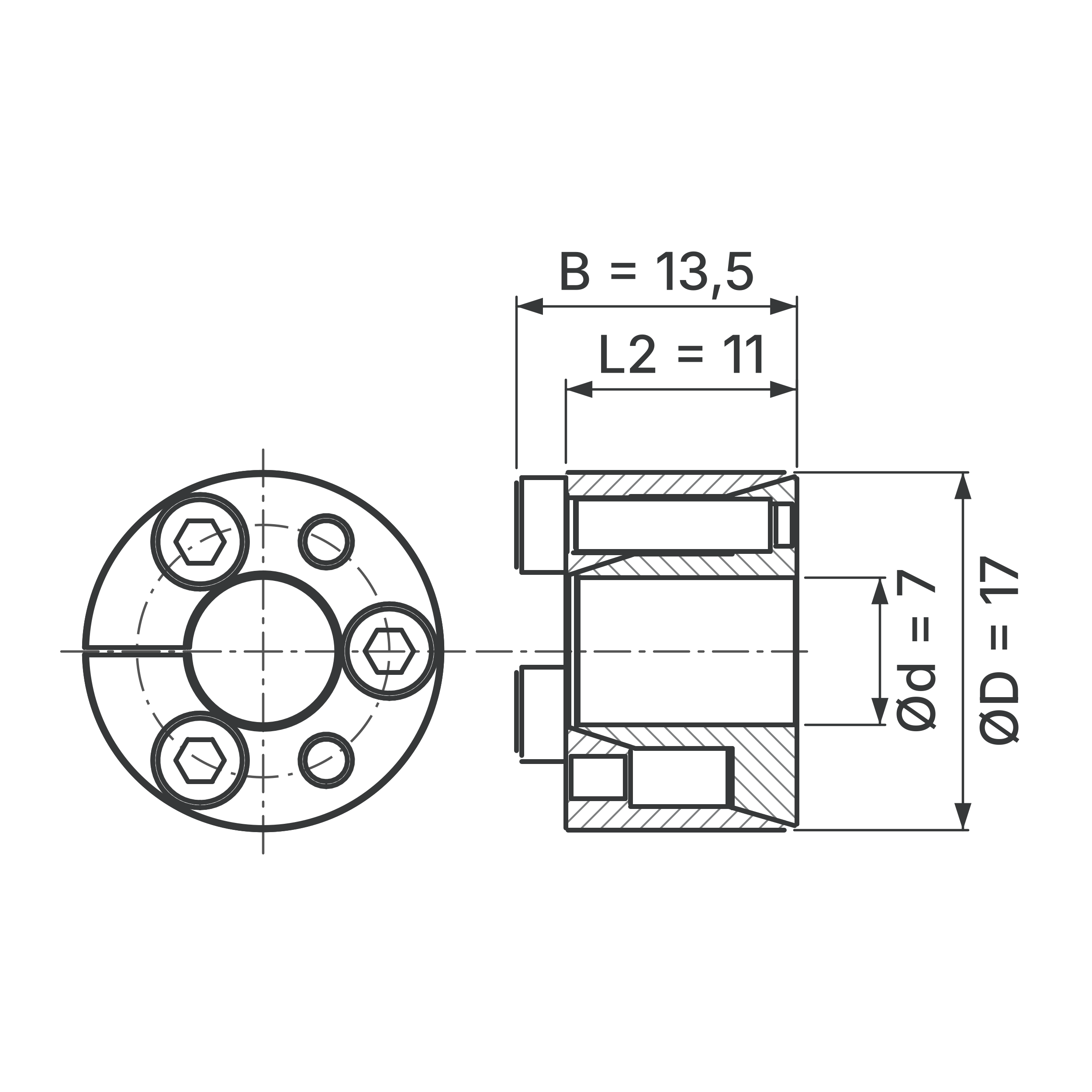 Maßskizze Spannsatz STW71SS-7x17 Edelstahl: Wellen-Ø d, Außen-Ø D, L2, B in mm, schematisch