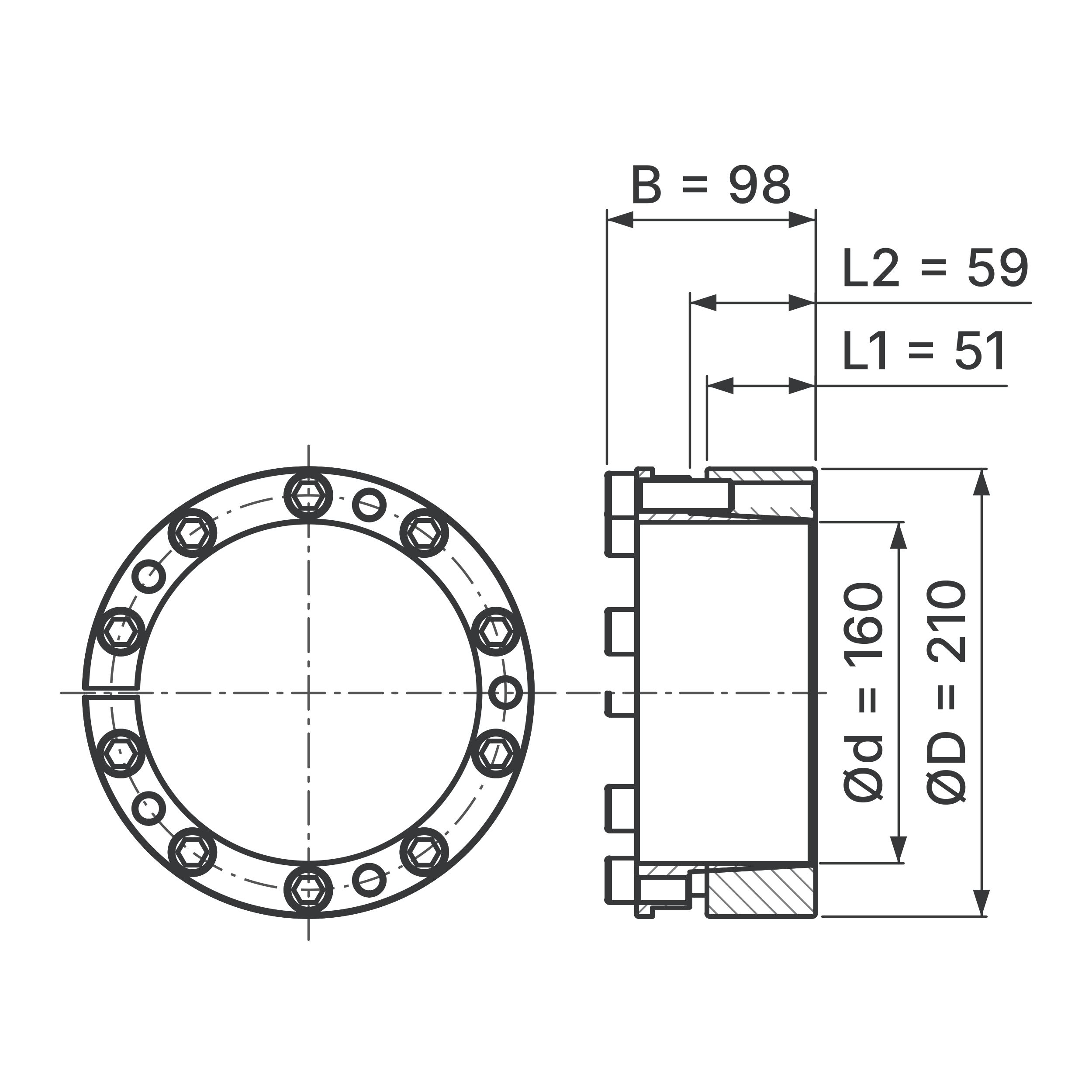 Maßskizze Spannsatz STW26-160x210: Wellen-Ø d, Außen-Ø D, L1, L2, B in mm, schematisch
