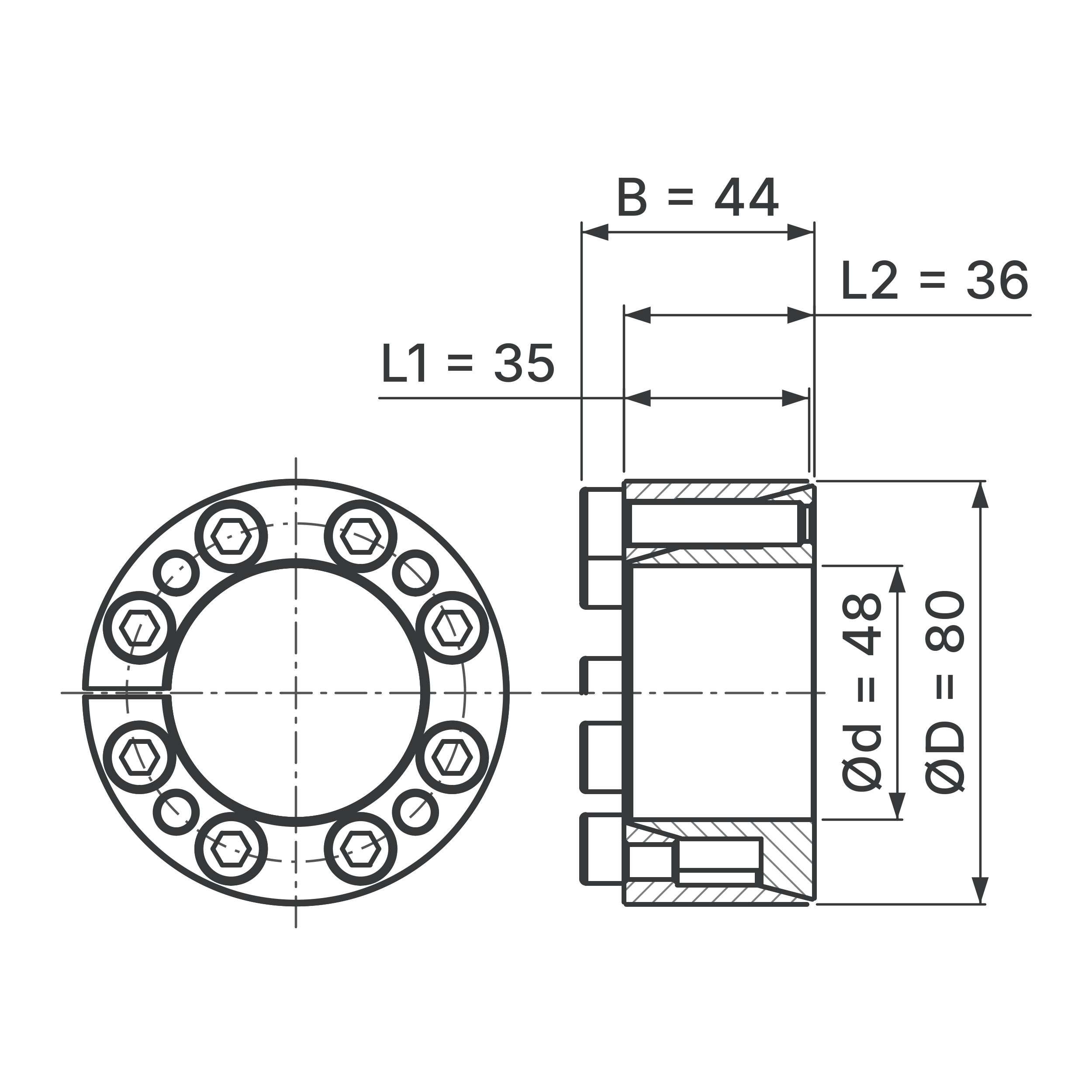 Maßskizze Spannsatz STW71-48x80: Wellen-Ø d, Außen-Ø D, L1, L2, B in mm, schematisch