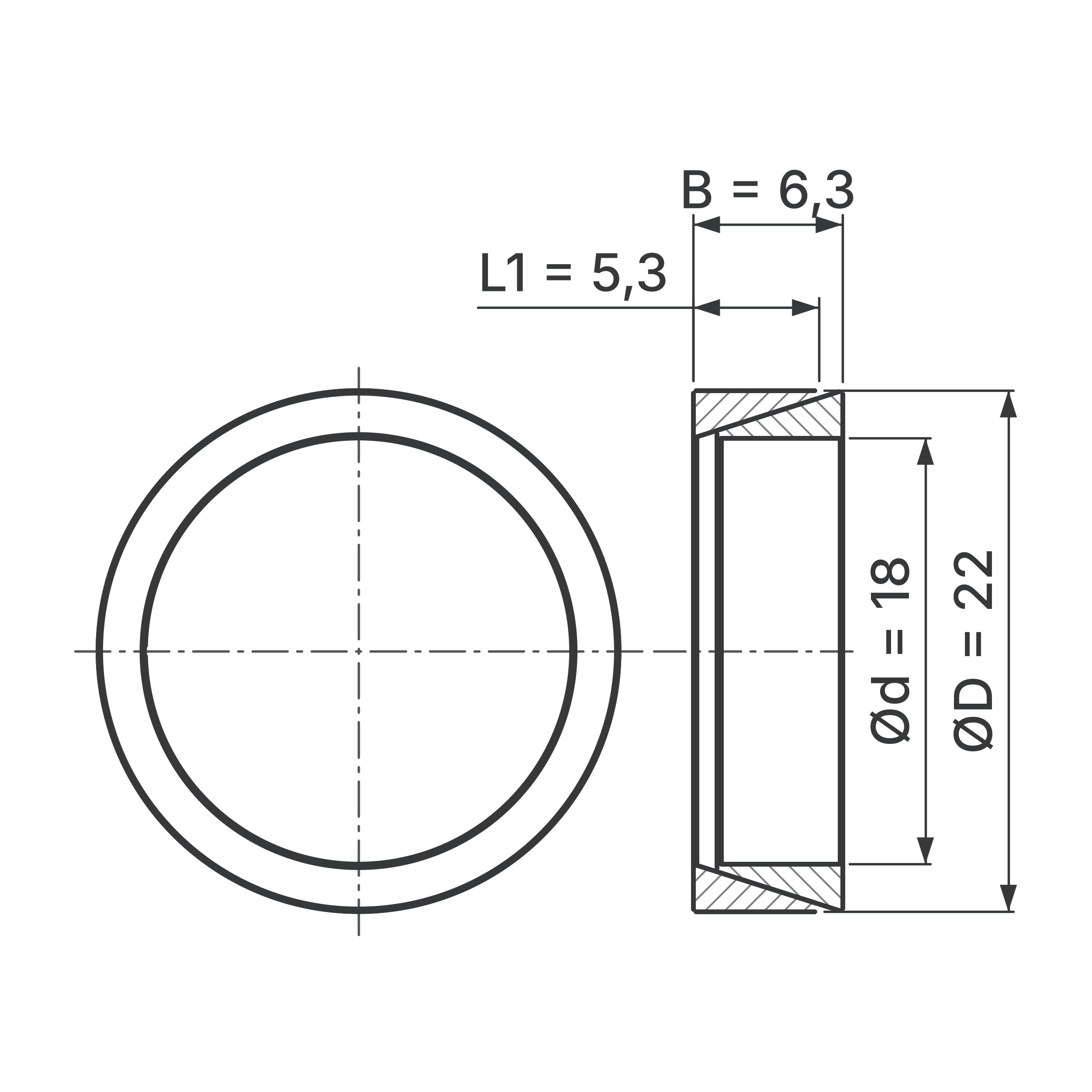 Maßskizze Konus-Spannelement STW56-18x22: Wellen-Ø d, Außen-Ø D, L1, B in mm, schematisch