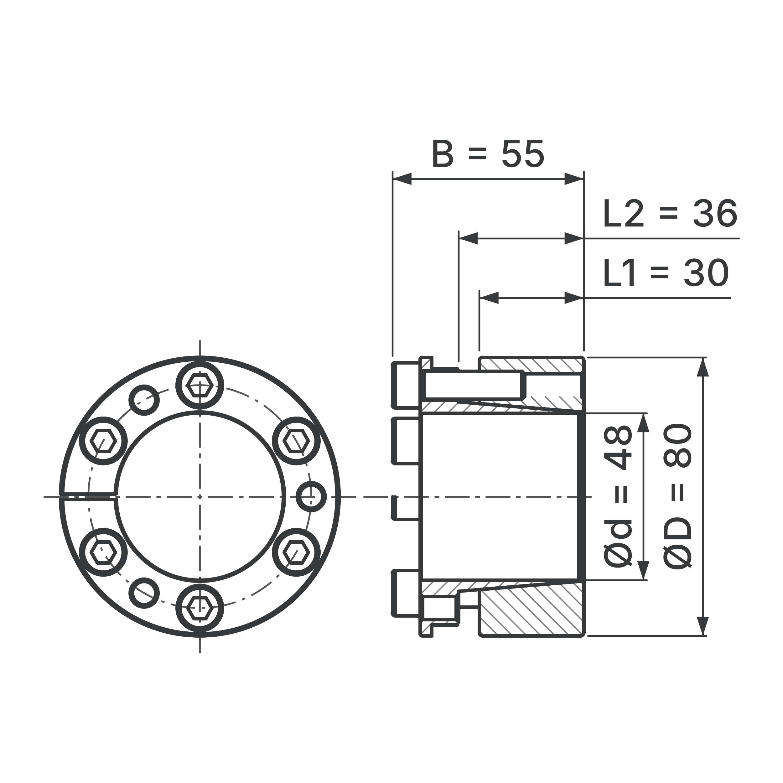Maßskizze Spannsatz STW26-48x80: Wellen-Ø d, Außen-Ø D, L1, L2, B in mm, schematisch
