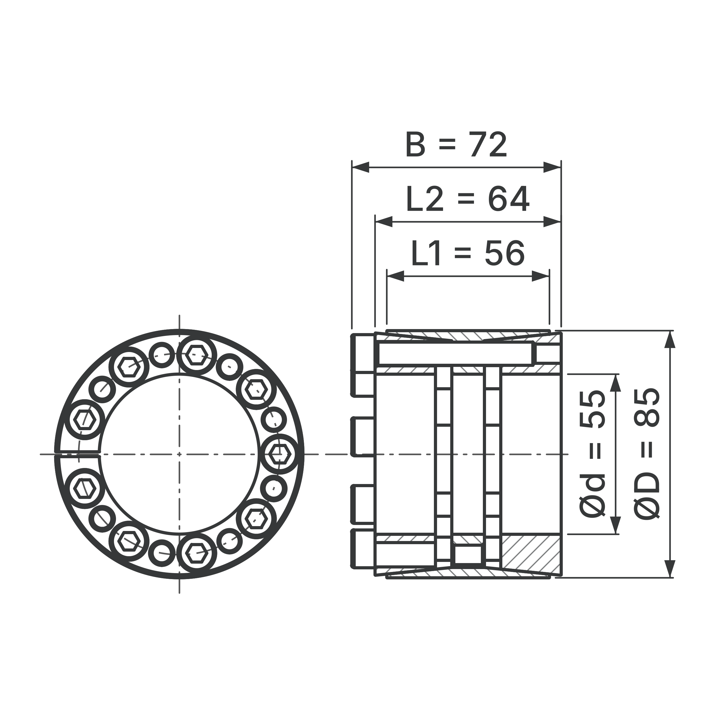Maßskizze Spannsatz STW33-55x85: Wellen-Ø d, Außen-Ø D, L1, L2, B in mm, schematisch