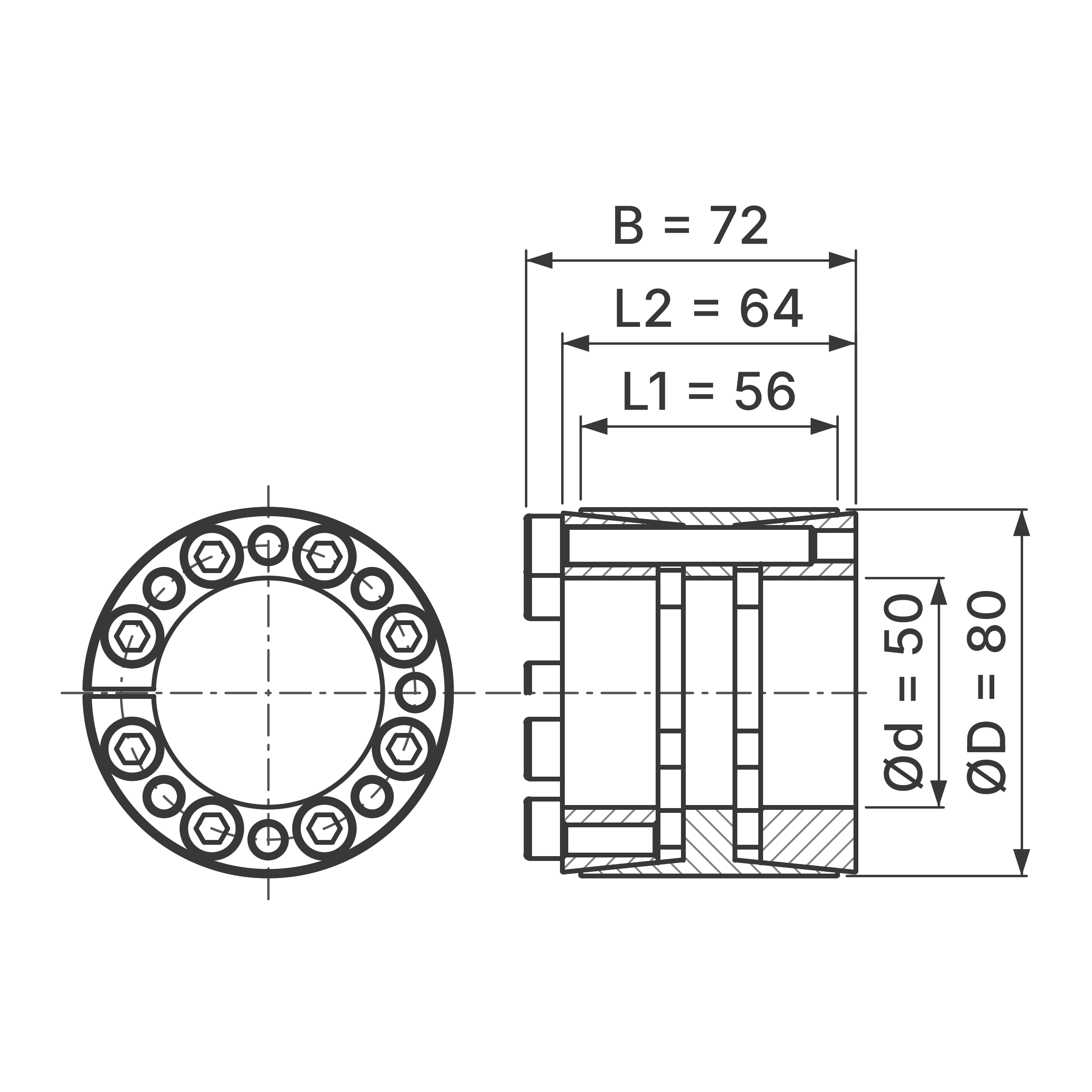 Maßskizze Spannsatz STW33-50x80: Wellen-Ø d, Außen-Ø D, L1, L2, B in mm, schematisch