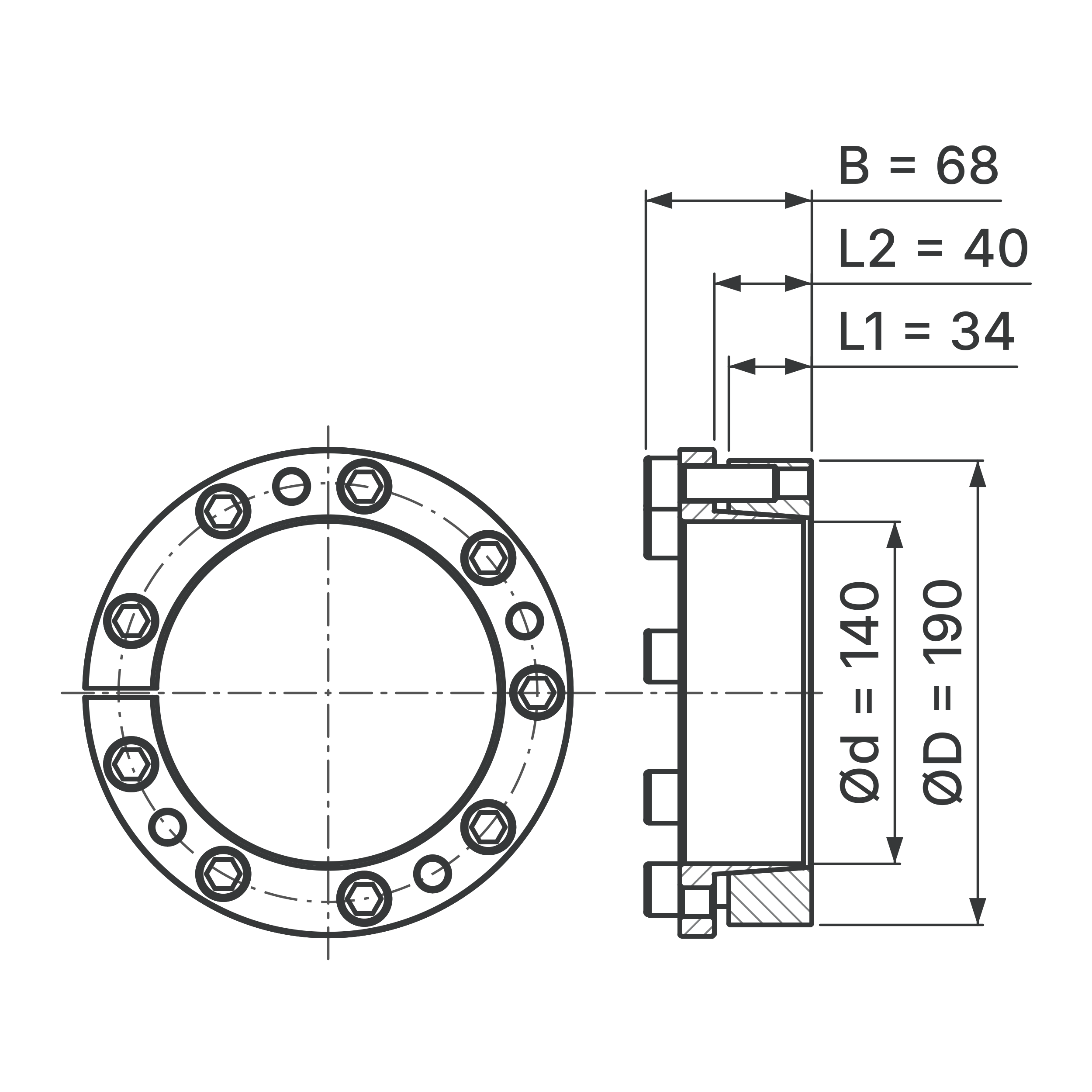 Maßskizze Spannsatz STW77-140x190: Wellen-Ø d, Außen-Ø D, L1, L2, B in mm, schematisch