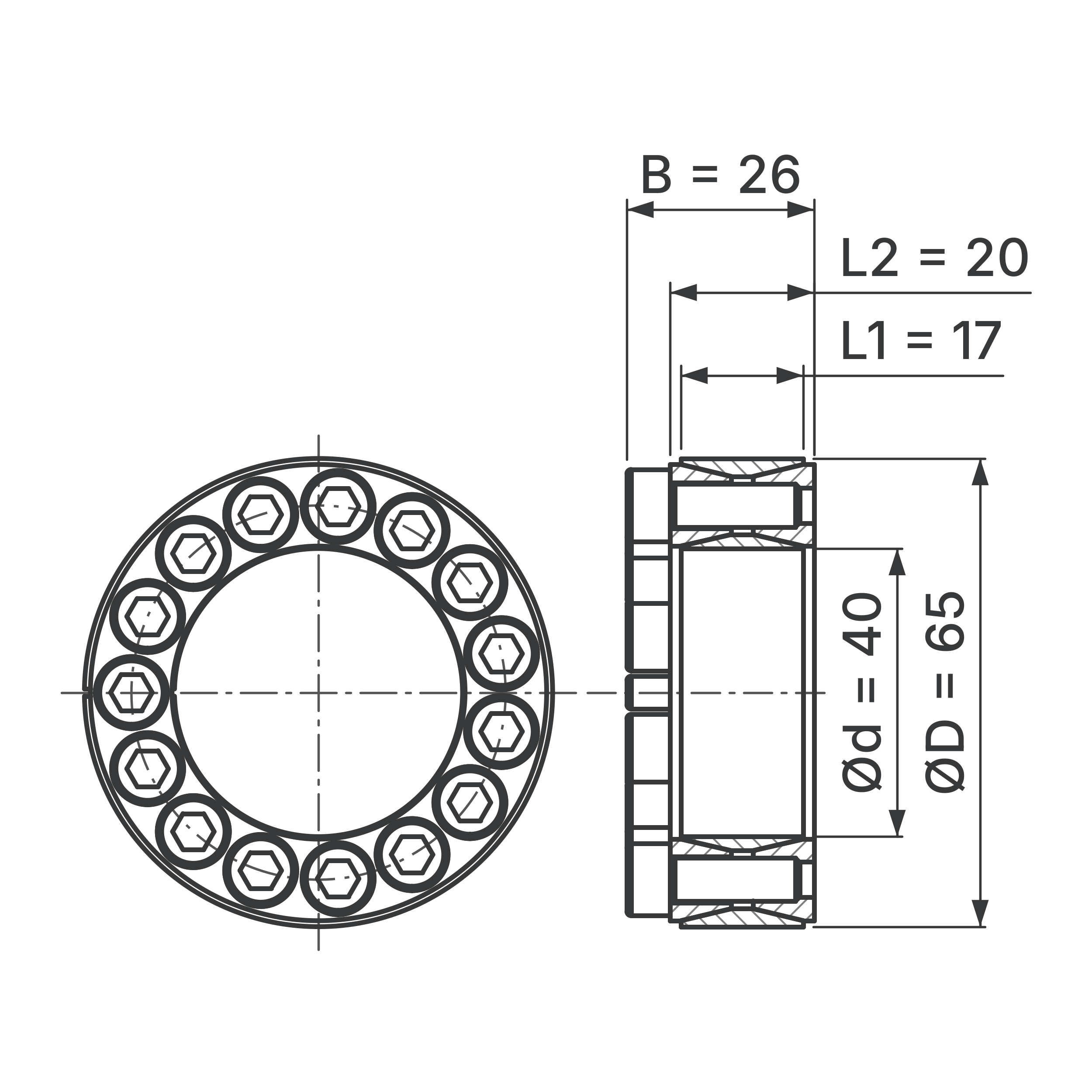 Maßskizze Spannsatz STW60SS-40x65 Edelstahl: Wellen-Ø d, Außen-Ø D, L1, L2, B in mm, schematisch