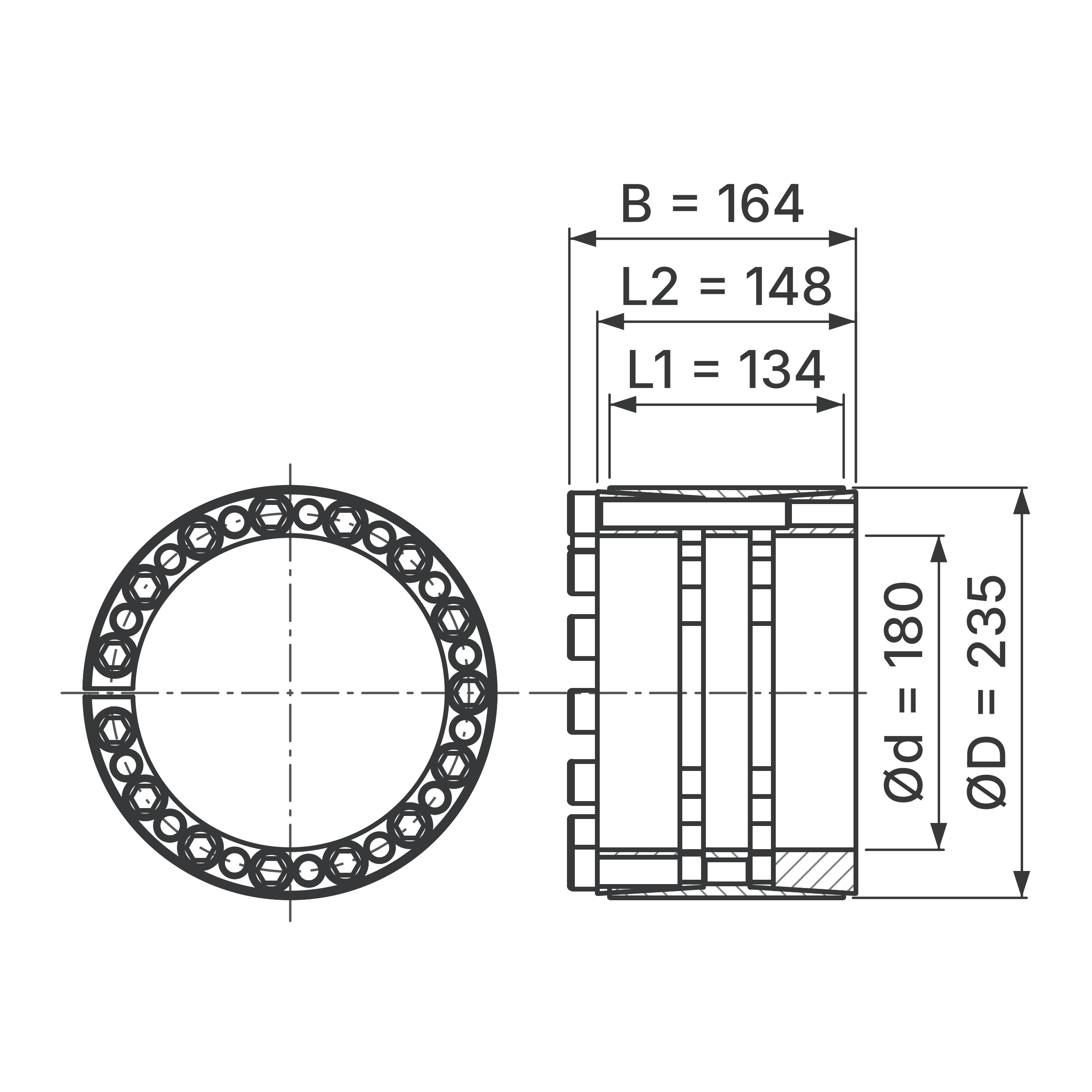 Maßskizze Spannsatz STW33-180x235: Wellen-Ø d, Außen-Ø D, L1, L2, B in mm, schematisch