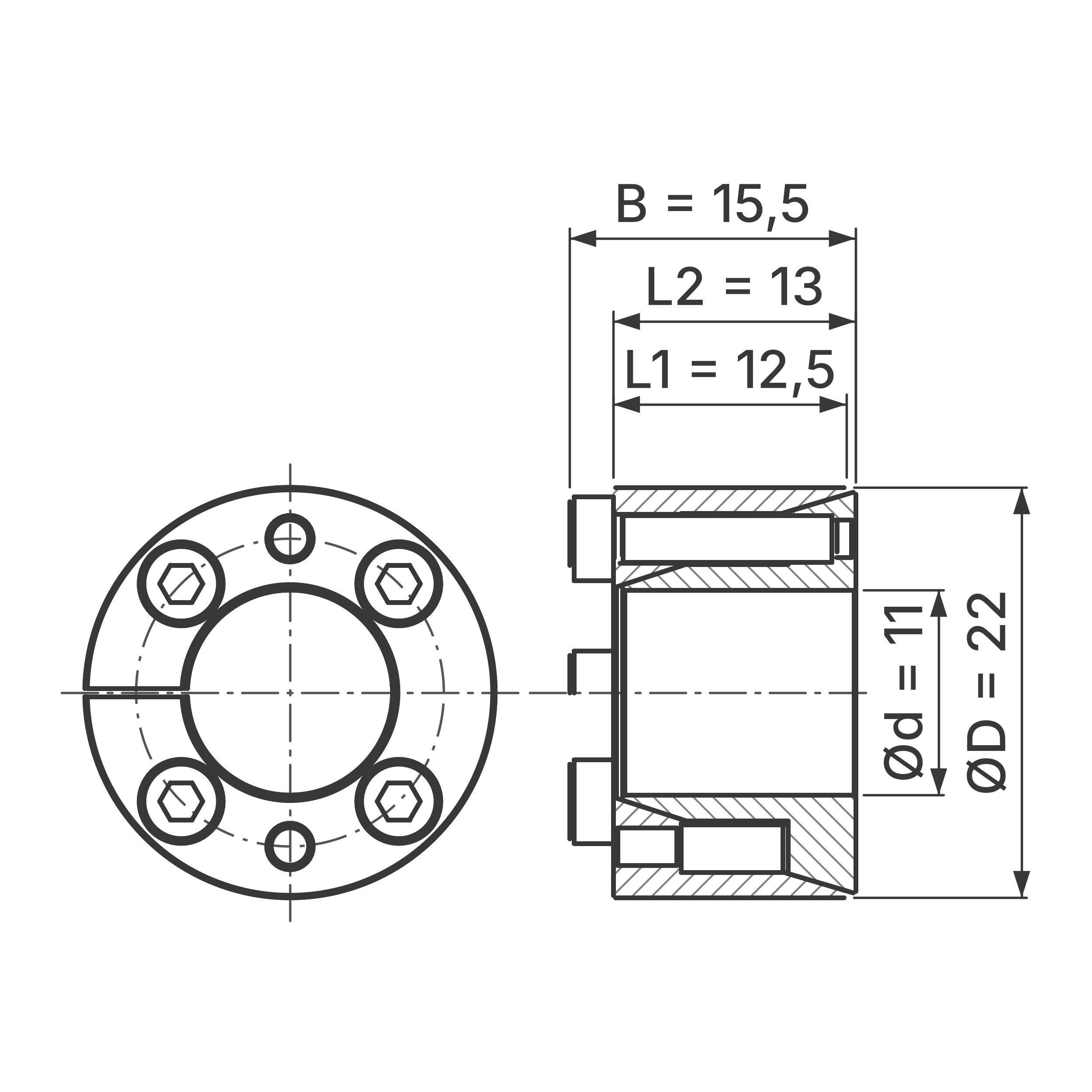 Maßskizze Spannsatz STW71-11x22: Wellen-Ø d, Außen-Ø D, L1, L2, B in mm, schematisch