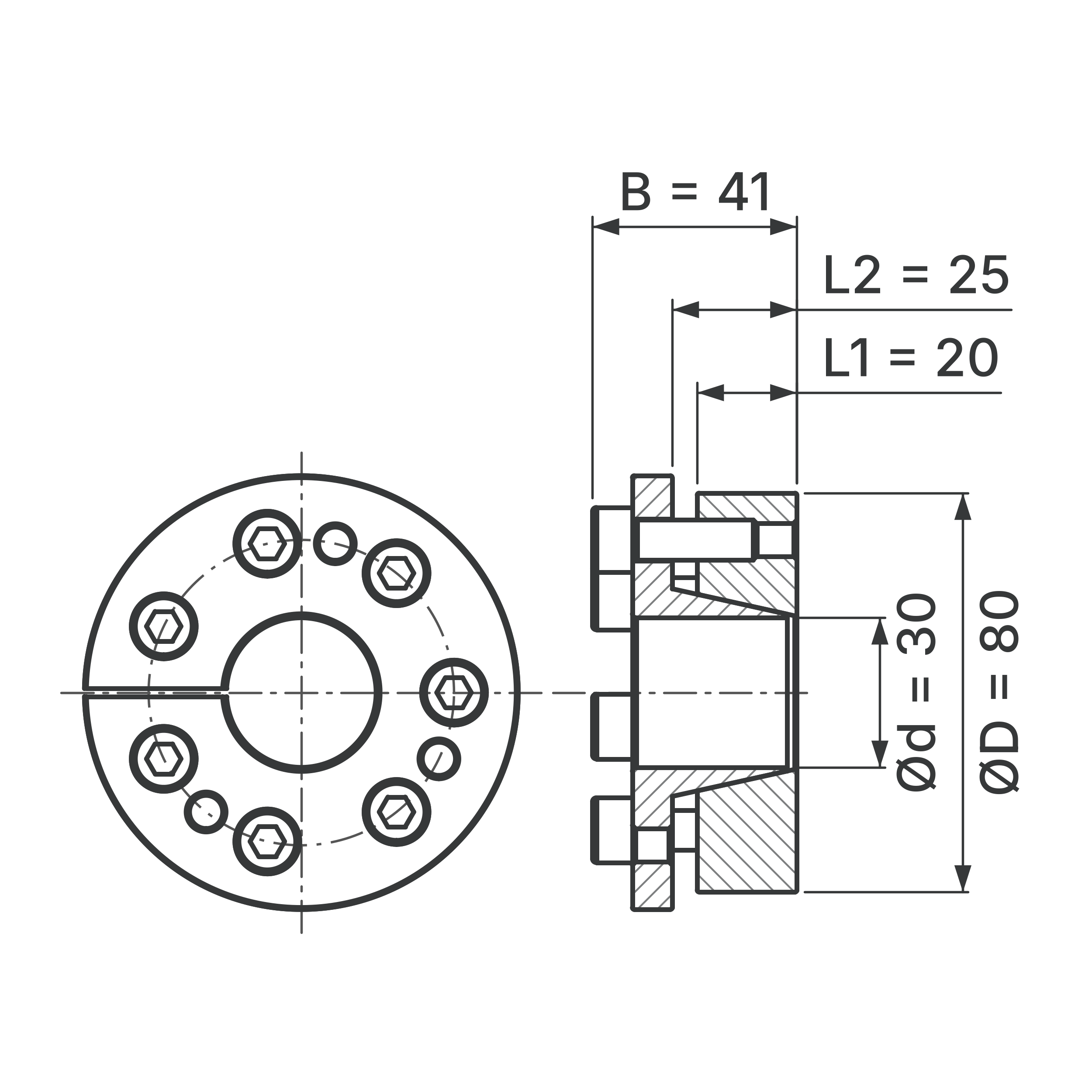 Maßskizze Spannsatz STW31-30x80: Wellen-Ø d, Außen-Ø D, L1, L2, B in mm, schematisch