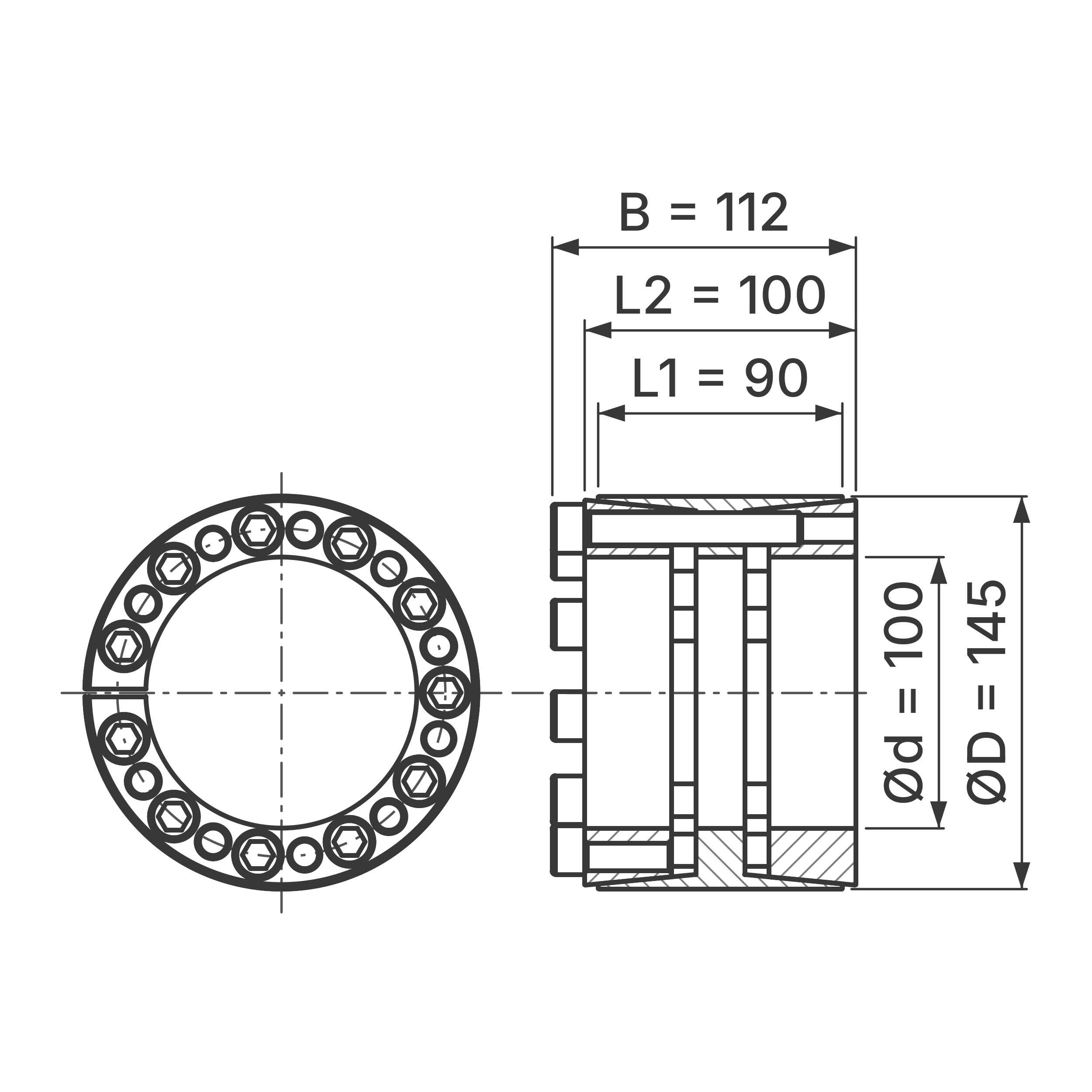Maßskizze Spannsatz STW33-100x145: Wellen-Ø d, Außen-Ø D, L1, L2, B in mm, schematisch