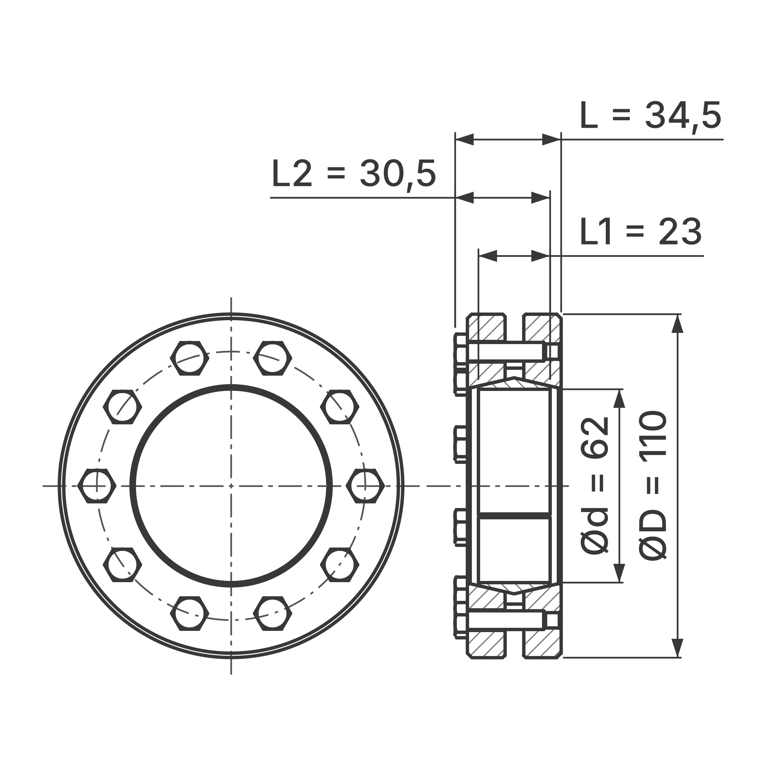 Maßskizze Schrumpfscheibe STW96-62x110: Bohrungs-Ø d, Außen-Ø D, L, L1, L2 in mm, schematisch