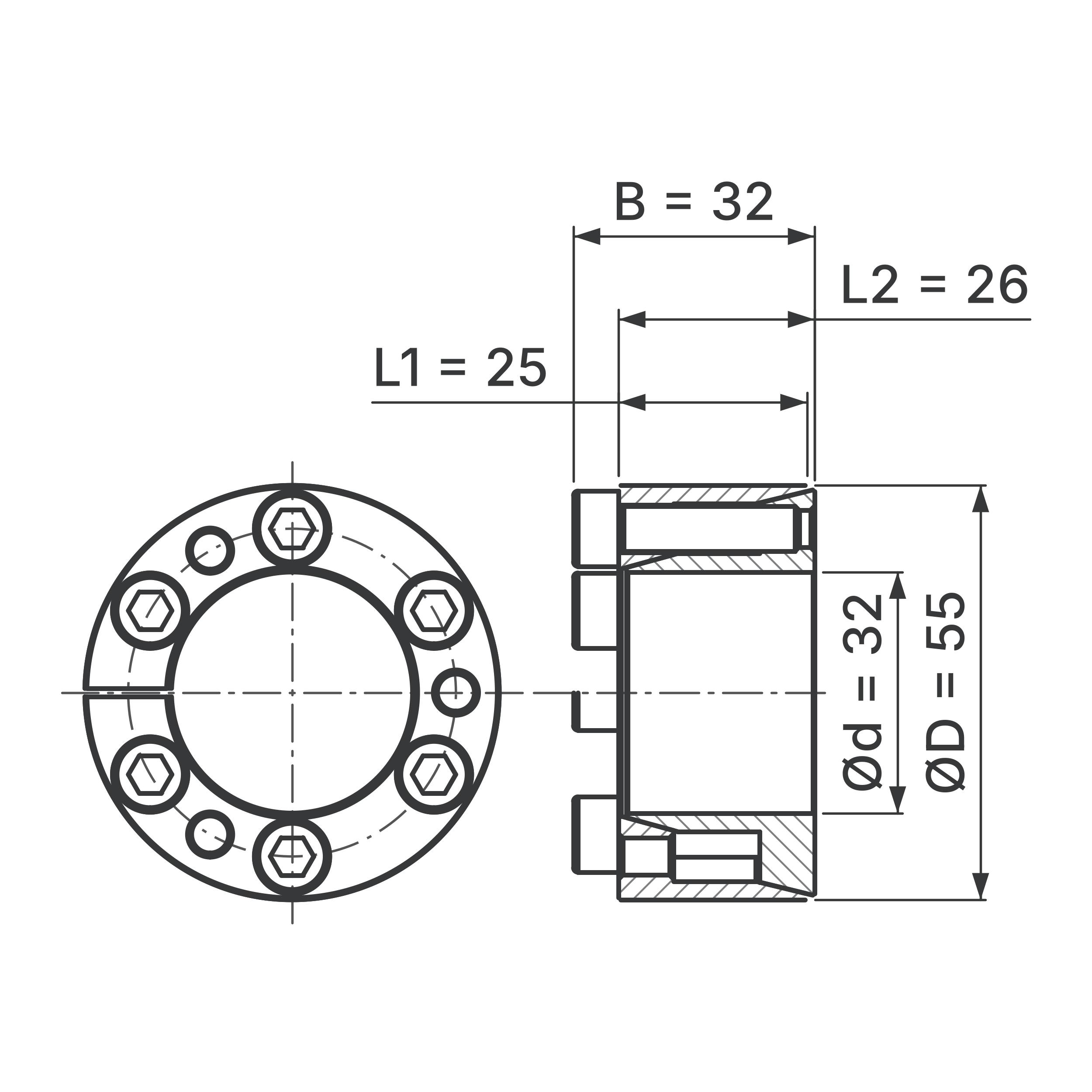 Maßskizze Spannsatz STW71-32x55: Wellen-Ø d, Außen-Ø D, L1, L2, B in mm, schematisch