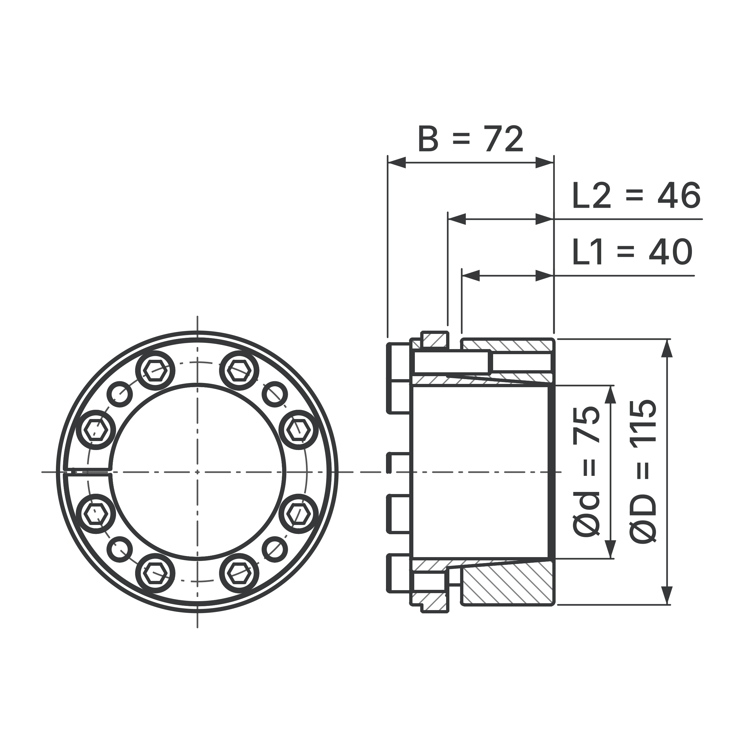 Maßskizze Spannsatz STW73-75x115: Wellen-Ø d, Außen-Ø D, L1, L2, B in mm, schematisch