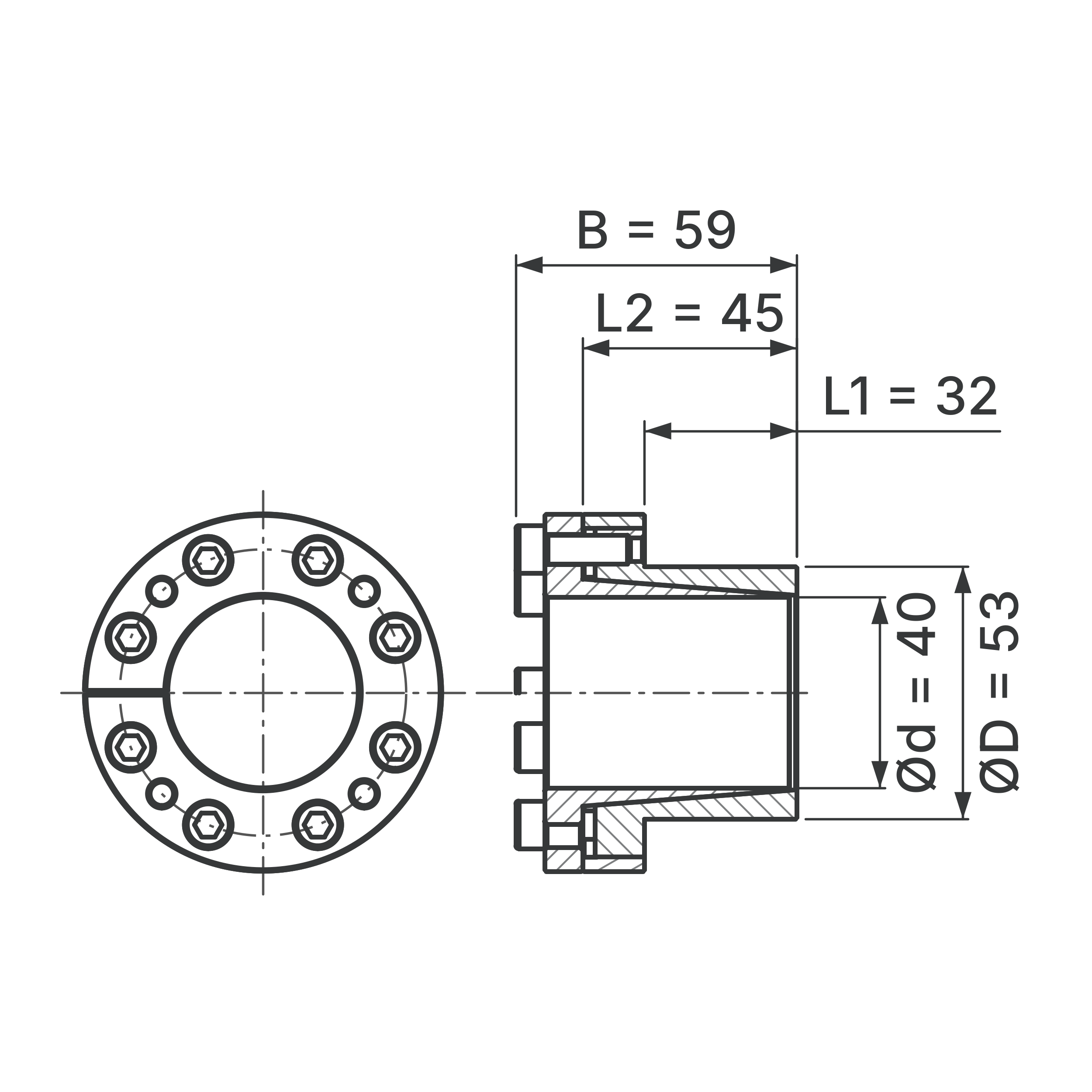 Maßskizze Spannsatz STW27SS-40x53 Edelstahl: Wellen-Ø d, Außen-Ø D, L1, L2, B in mm, schematisch