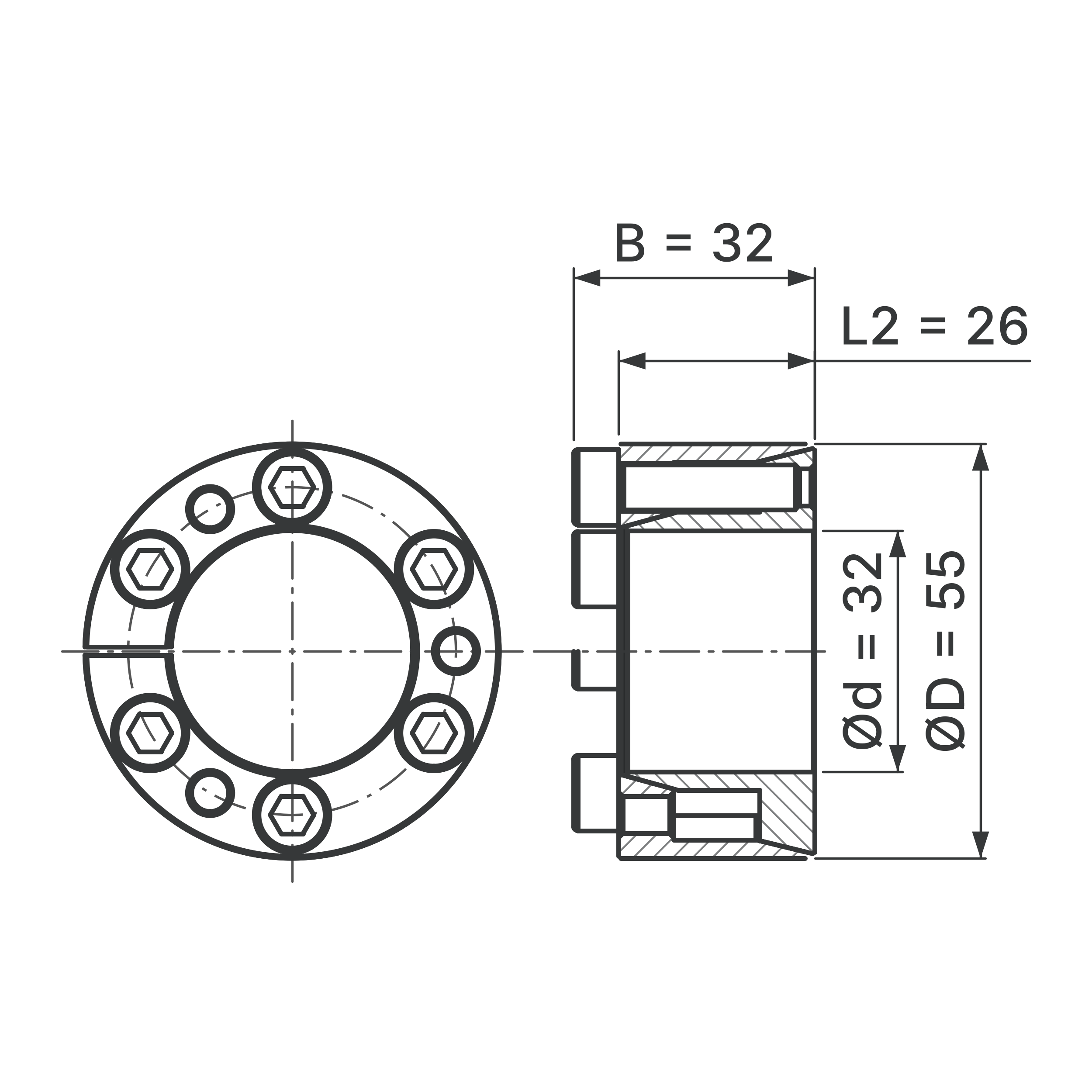 Maßskizze Spannsatz STW71SS-32x55 Edelstahl: Wellen-Ø d, Außen-Ø D, L2, B in mm, schematisch