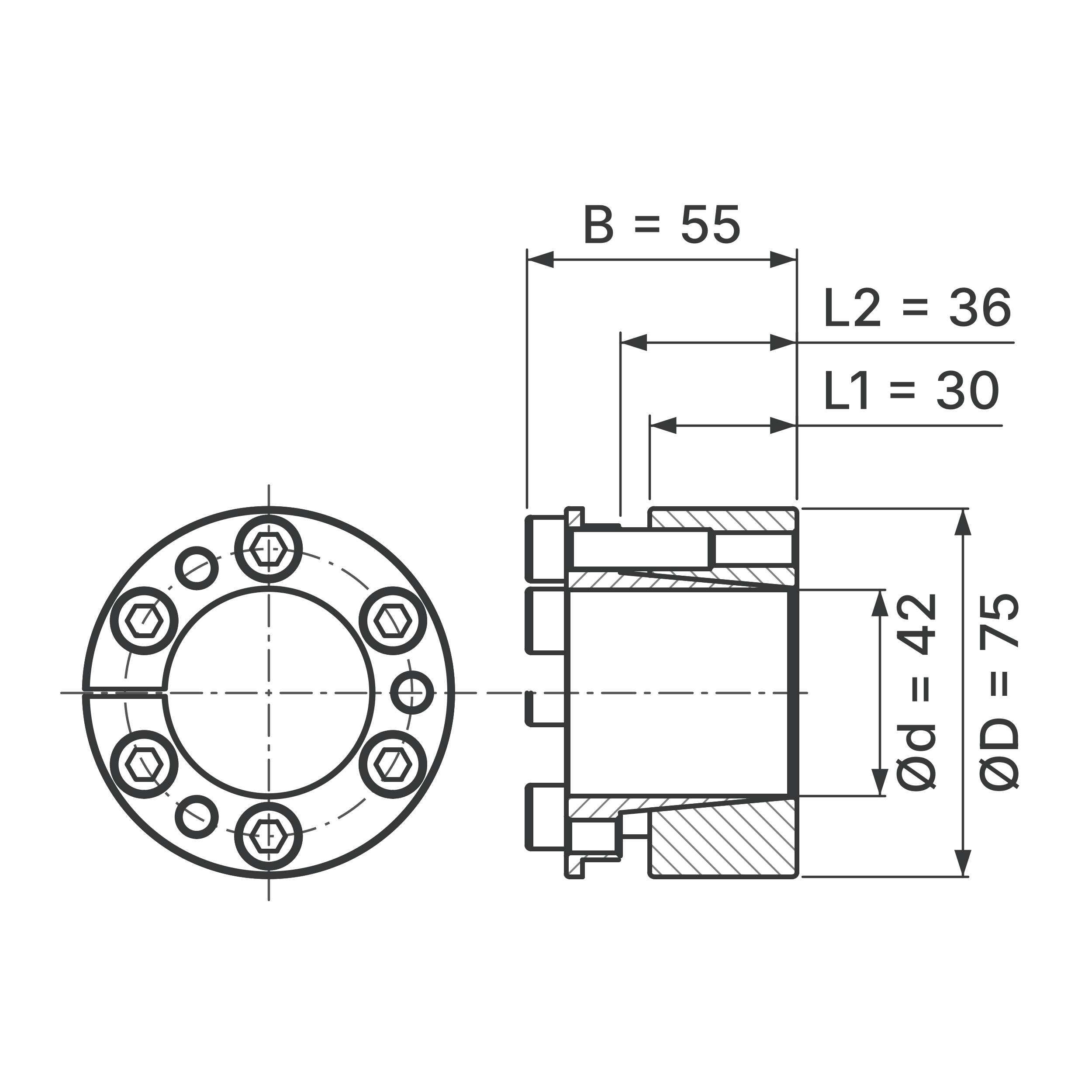 Maßskizze Spannsatz STW26-42x75: Wellen-Ø d, Außen-Ø D, L1, L2, B in mm, schematisch