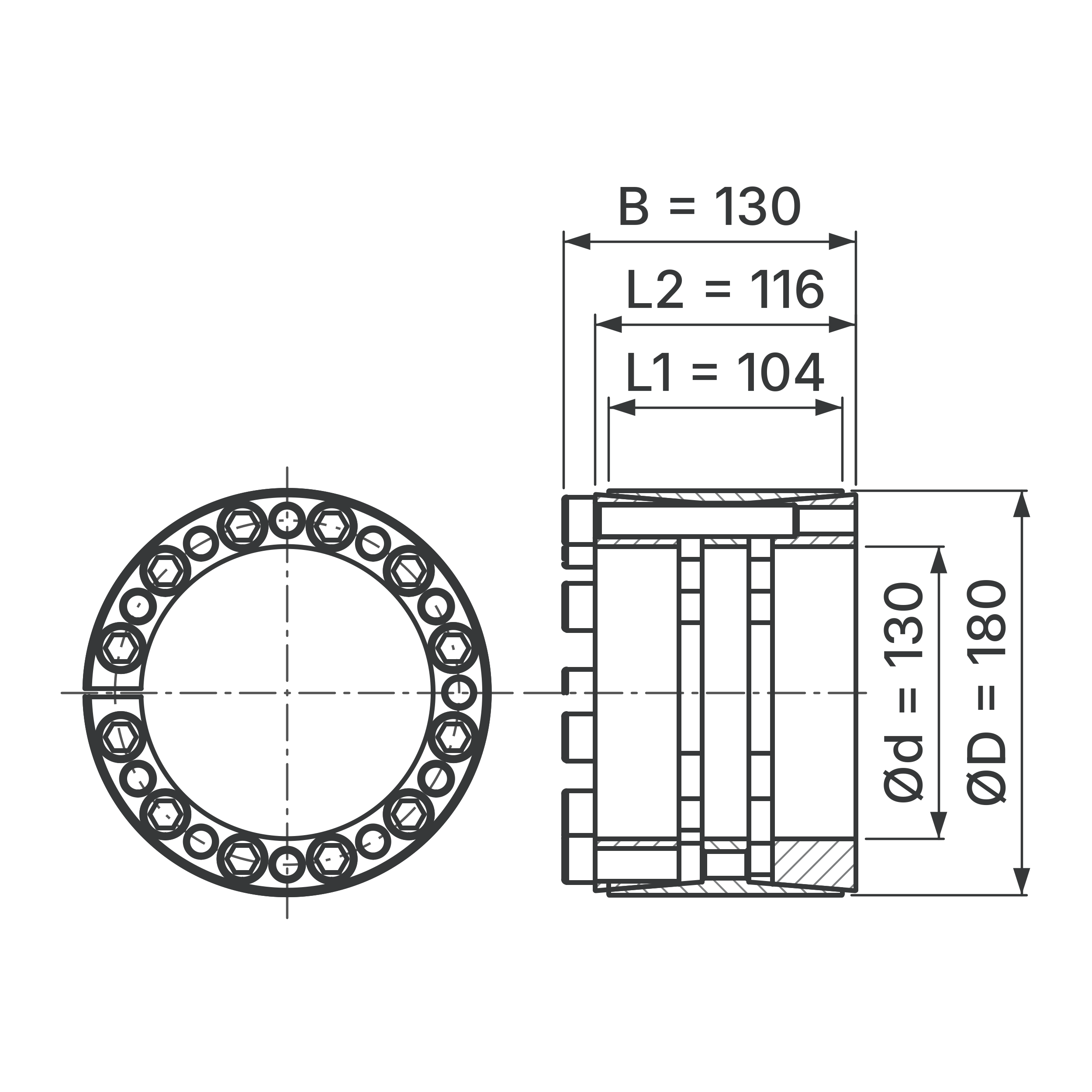 Maßskizze Spannsatz STW33-130x180: Wellen-Ø d, Außen-Ø D, L1, L2, B in mm, schematisch