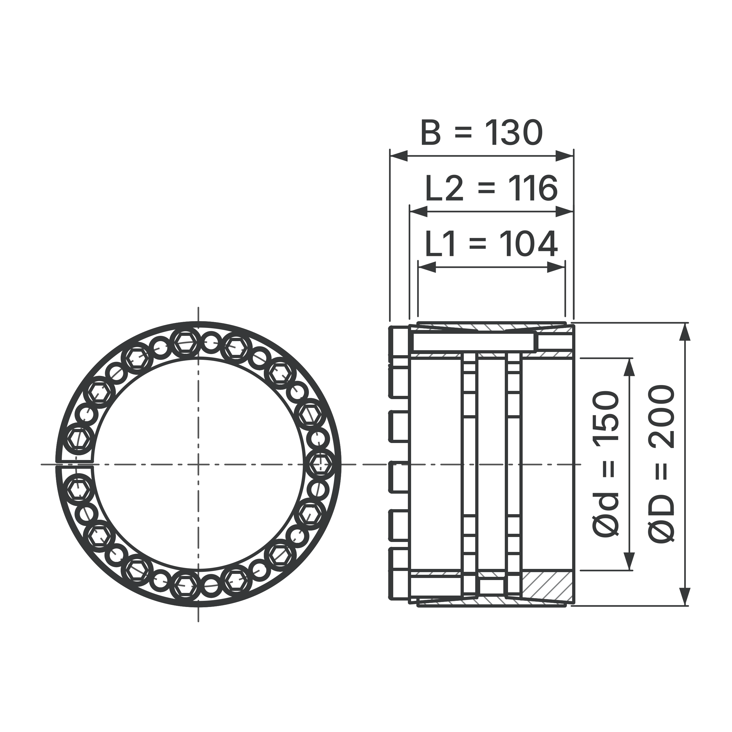 Maßskizze Spannsatz STW33-150x200: Wellen-Ø d, Außen-Ø D, L1, L2, B in mm, schematisch