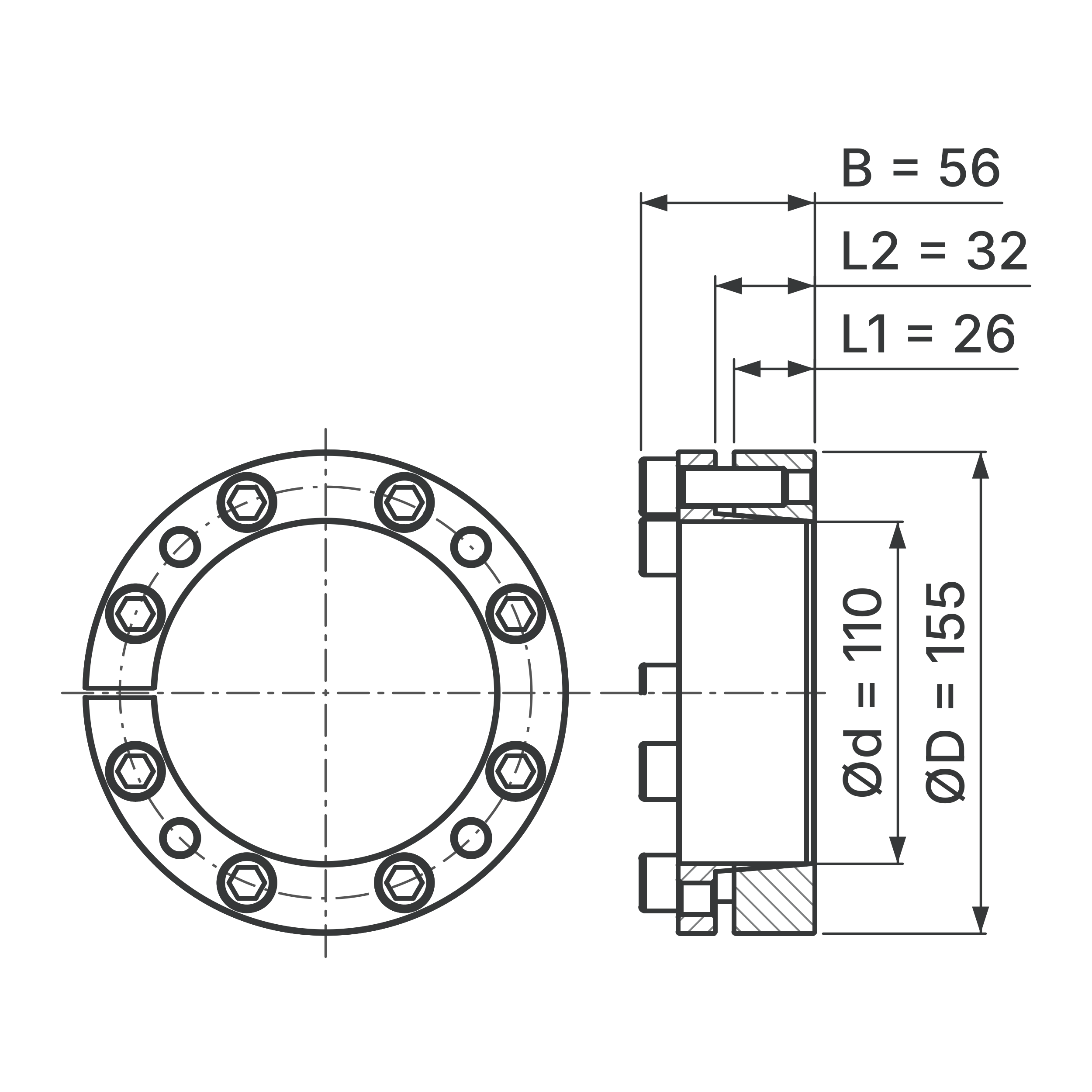 Maßskizze Spannsatz STW98-110x155: Wellen-Ø d, Außen-Ø D, L1, L2, B in mm, schematisch