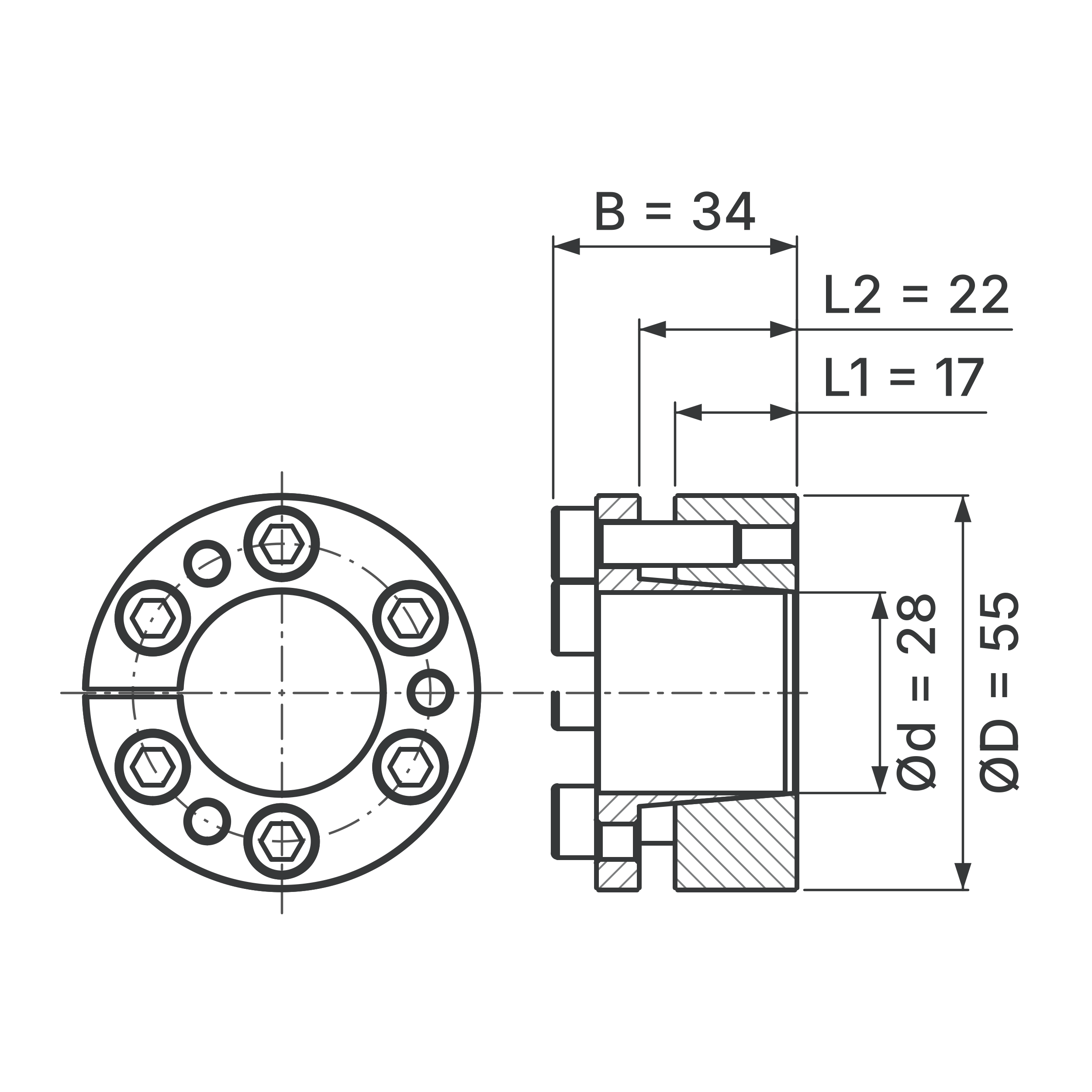Maßskizze Spannsatz STW98-28x55: Wellen-Ø d, Außen-Ø D, L1, L2, B in mm, schematisch